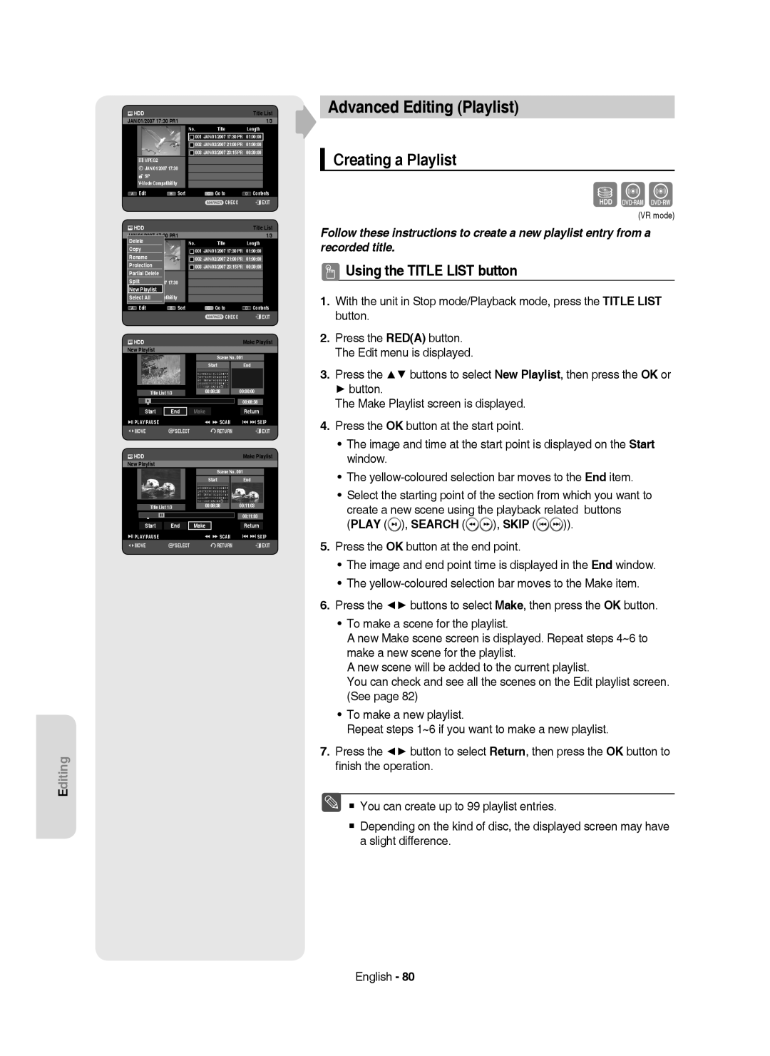 Samsung DVD-HR750/XEH manual Advanced Editing Playlist, Creating a Playlist, Play , Search , Skip, Start End Make Return 