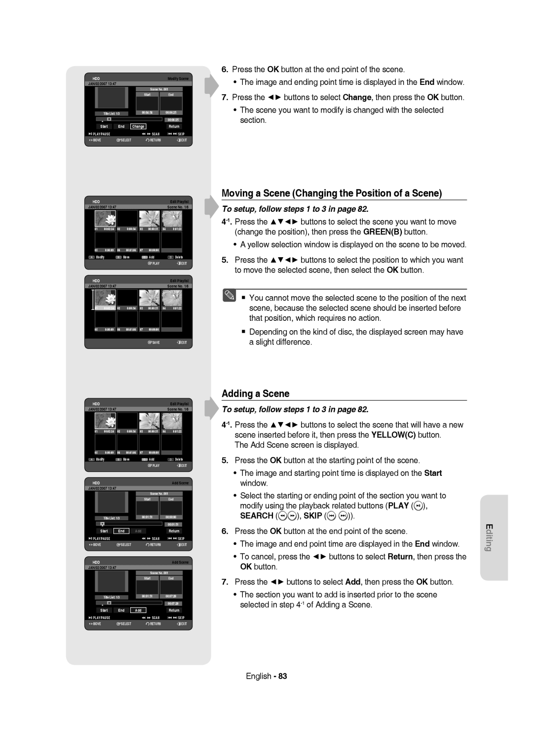 Samsung DVD-HR750/XEH manual Moving a Scene Changing the Position of a Scene, Adding a Scene 