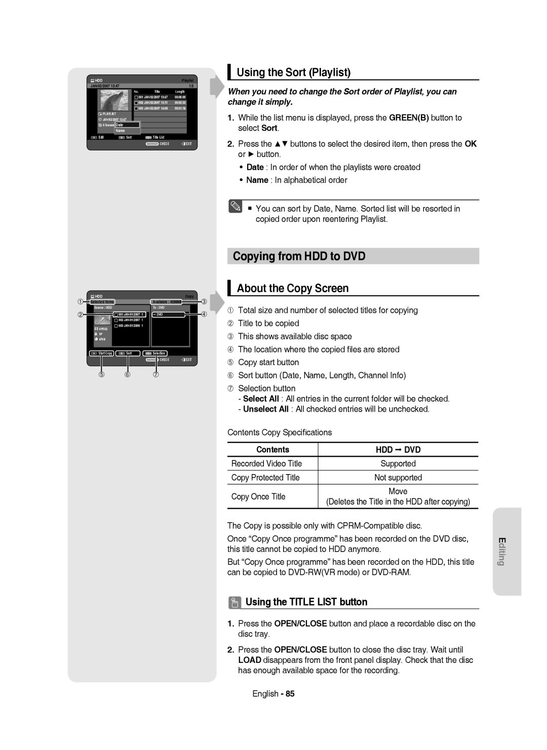 Samsung DVD-HR750/XEH manual Copying from HDD to DVD, Using the Sort Playlist, About the Copy Screen, Recorded Video Title 