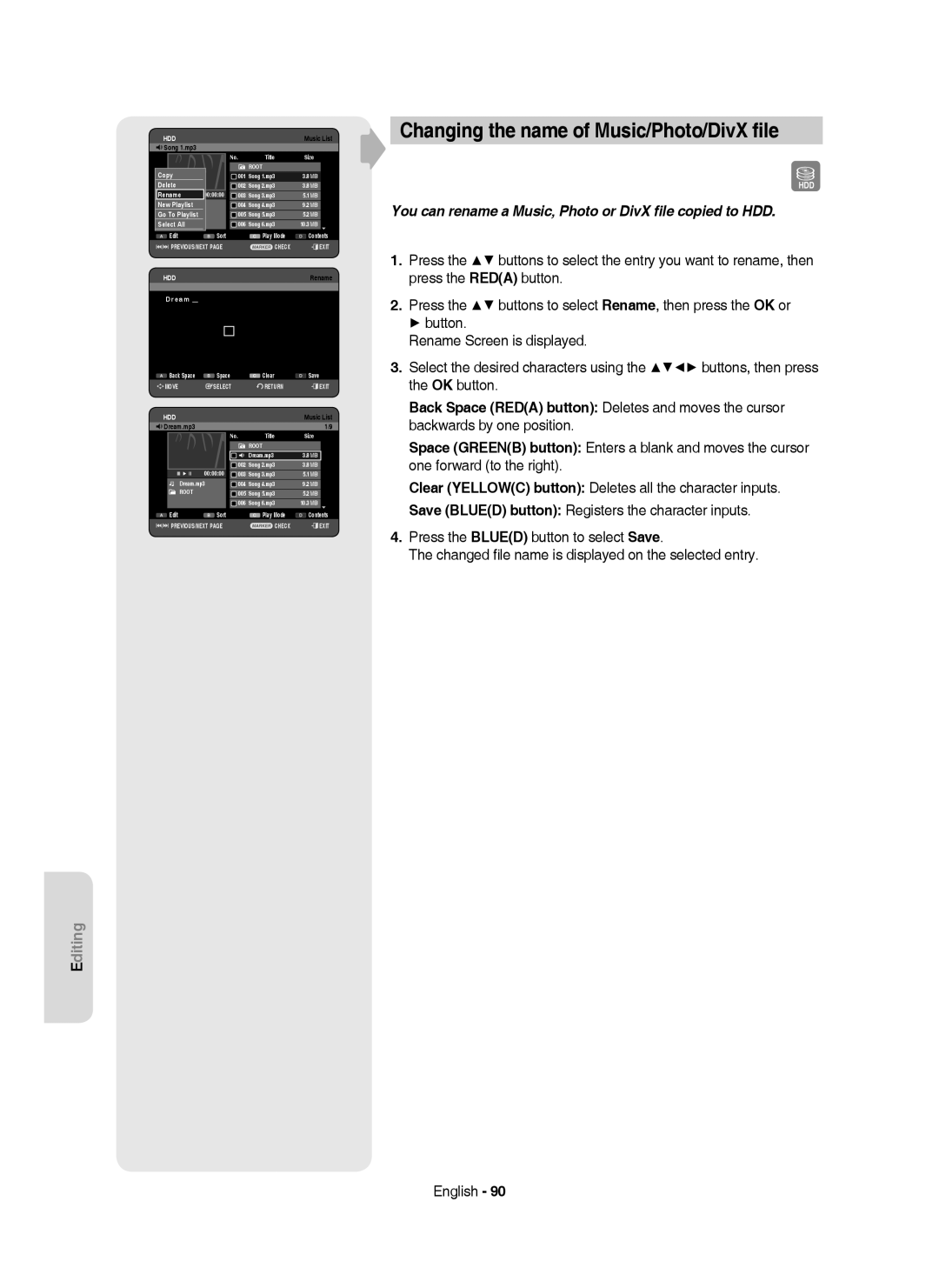 Samsung DVD-HR750/XEH manual Changing the name of Music/Photo/DivX ﬁle, New 9Playlist Song 1.mp3, Dream 