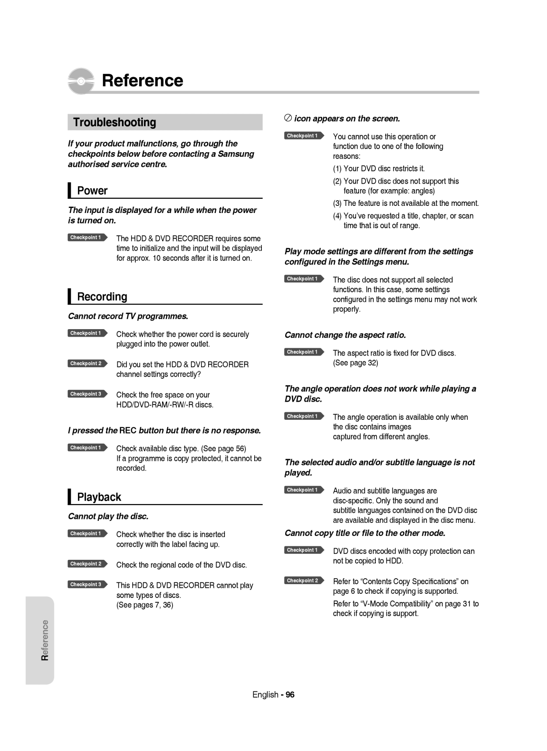 Samsung DVD-HR750/XEH manual Troubleshooting, Power, Playback 