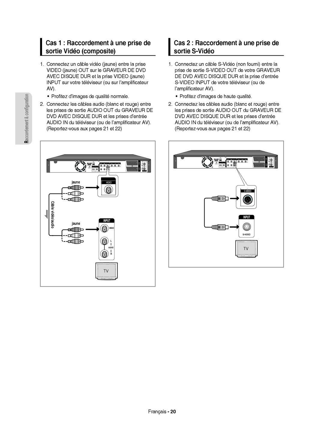 Samsung DVD-HR753/XEF manual Cas 1 Raccordement à une prise de sortie Vidéo composite, Proﬁtez d’images de qualité normale 