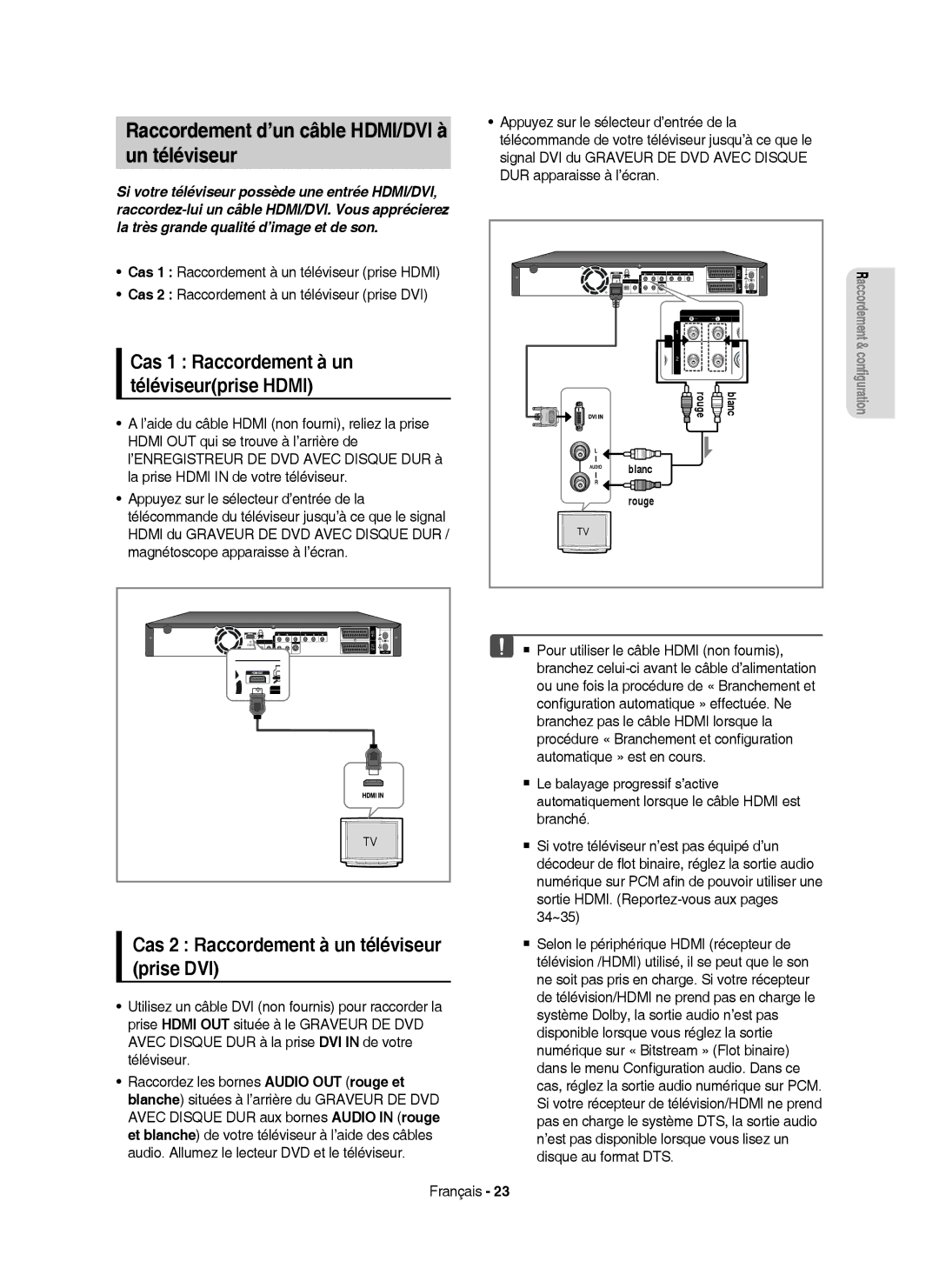 Samsung DVD-HR755/XEF manual Raccordement d’un câble HDMI/DVI à Un téléviseur, Cas 2 Raccordement à un téléviseur prise DVI 