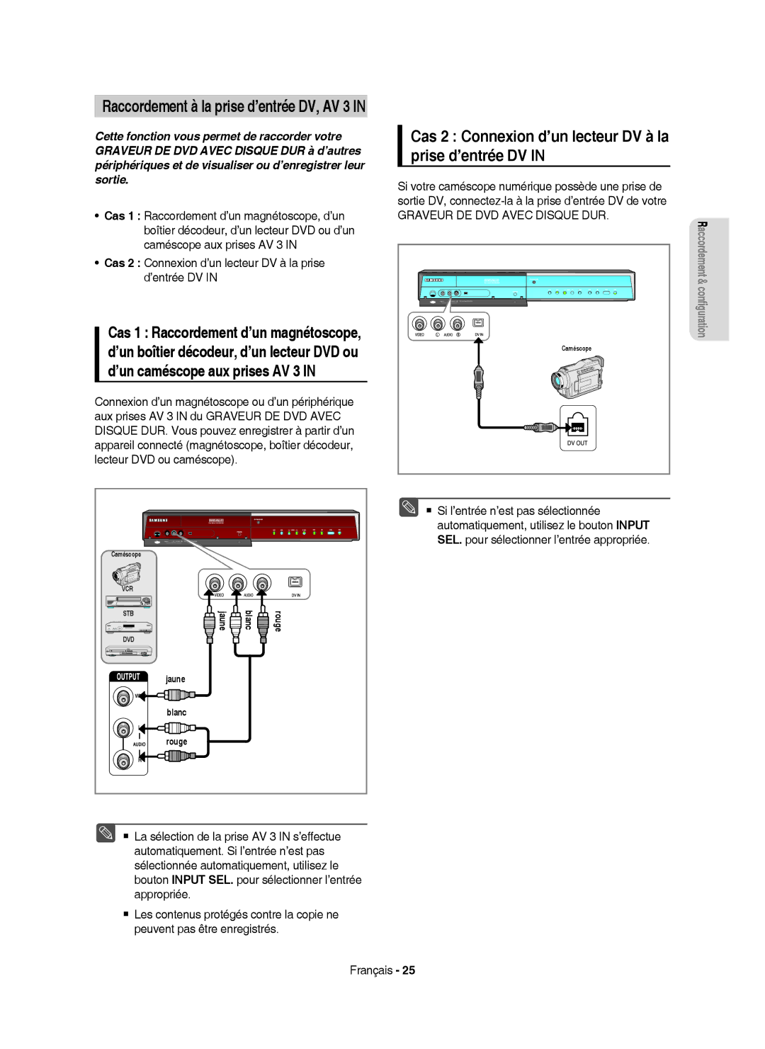 Samsung DVD-HR755/XEF Cas 2 Connexion d’un lecteur DV à la prise d’entrée DV, Raccordement à la prise d’entrée DV, AV 3 