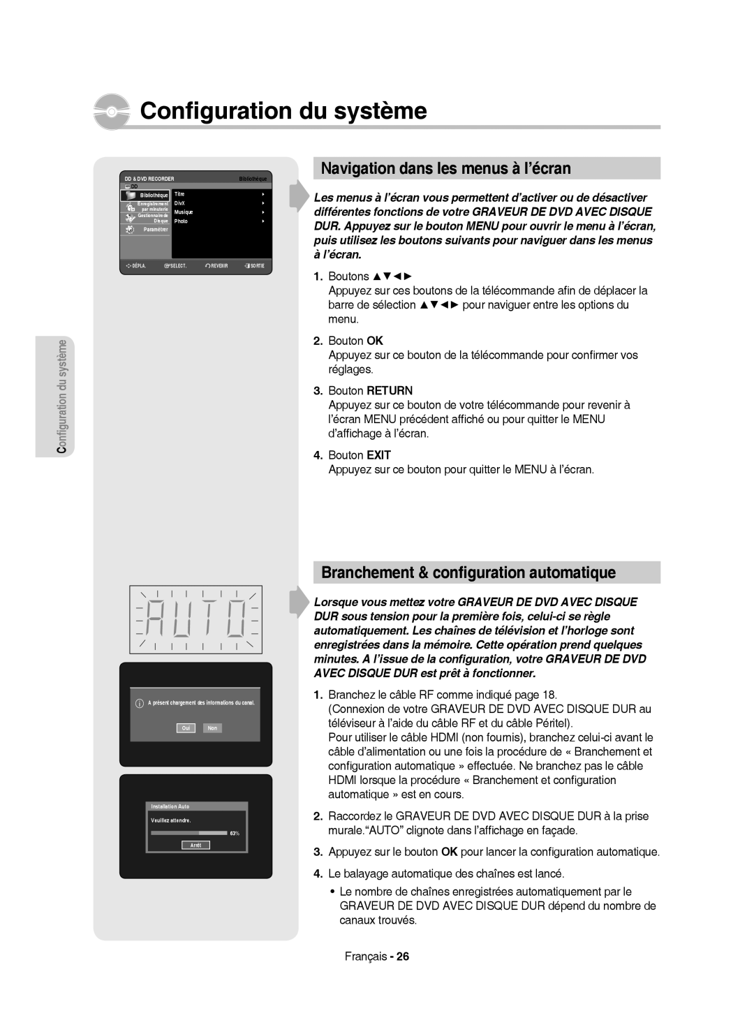 Samsung DVD-HR753/XEF, DVD-HR755/XEF manual Navigation dans les menus à l’écran, Branchement & conﬁguration automatique 