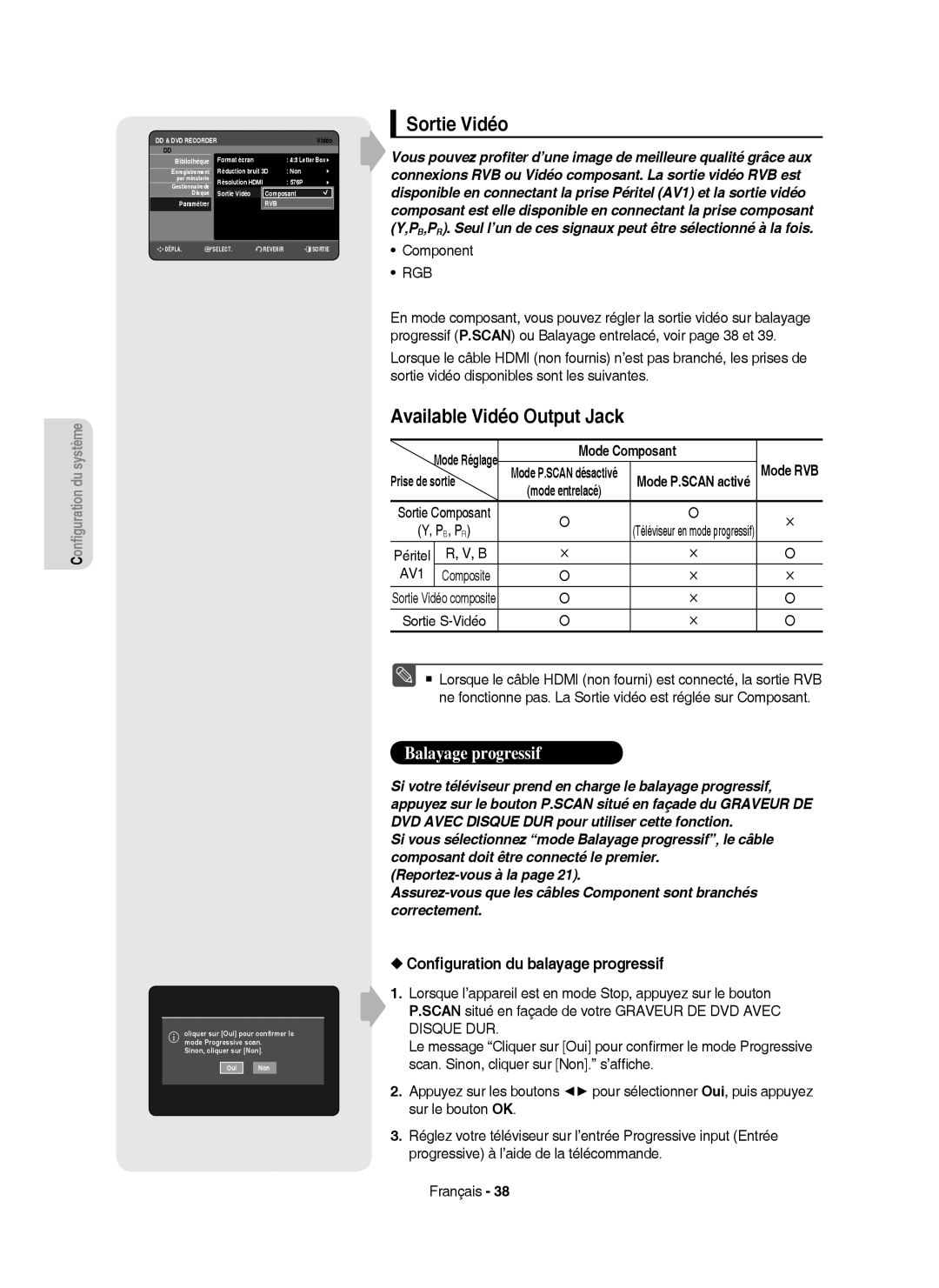 Samsung DVD-HR753/XEF manual Sortie Vidéo, Available Vidéo Output Jack, Conﬁguration du balayage progressif, Mode Composant 