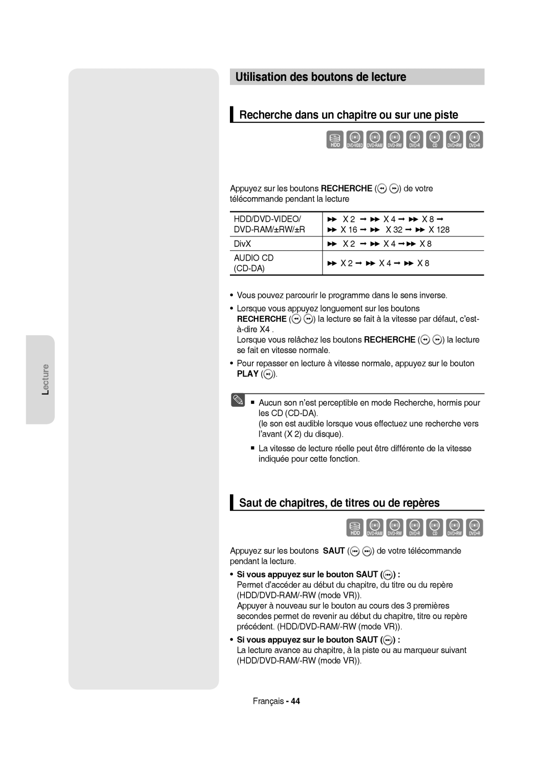 Samsung DVD-HR753/XEF Szxcvbkl, Sxcvbkl, Utilisation des boutons de lecture, Recherche dans un chapitre ou sur une piste 