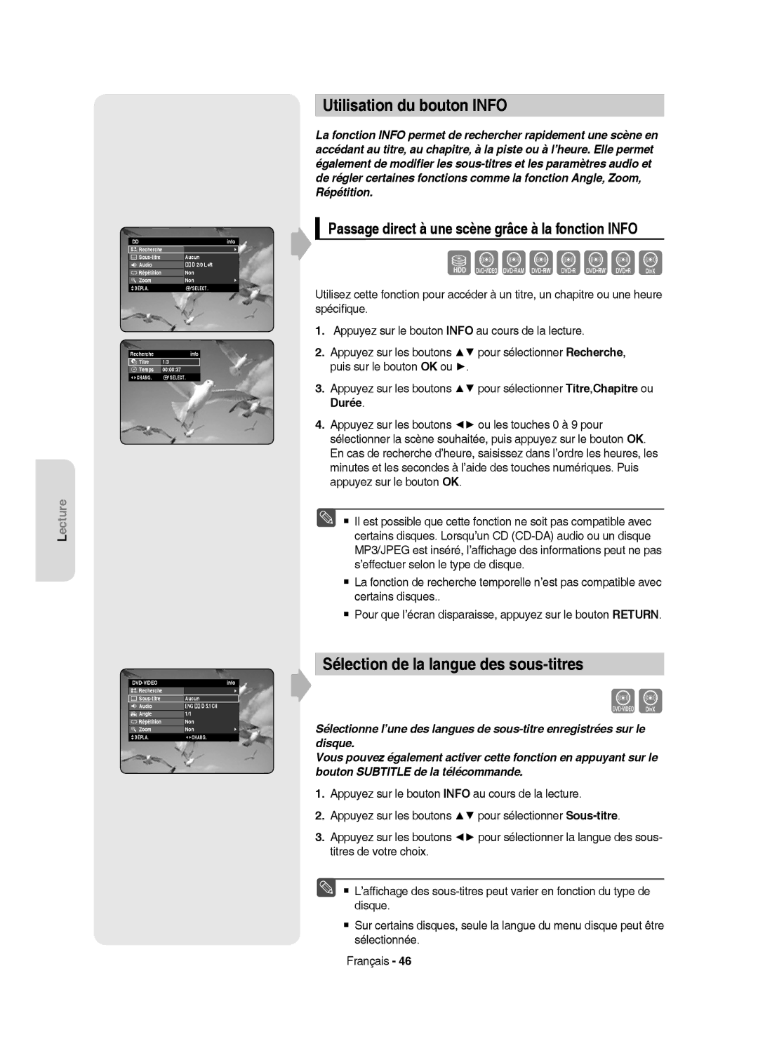 Samsung DVD-HR753/XEF, DVD-HR755/XEF manual Utilisation du bouton Info, Sélection de la langue des sous-titres, Dvd-Video 