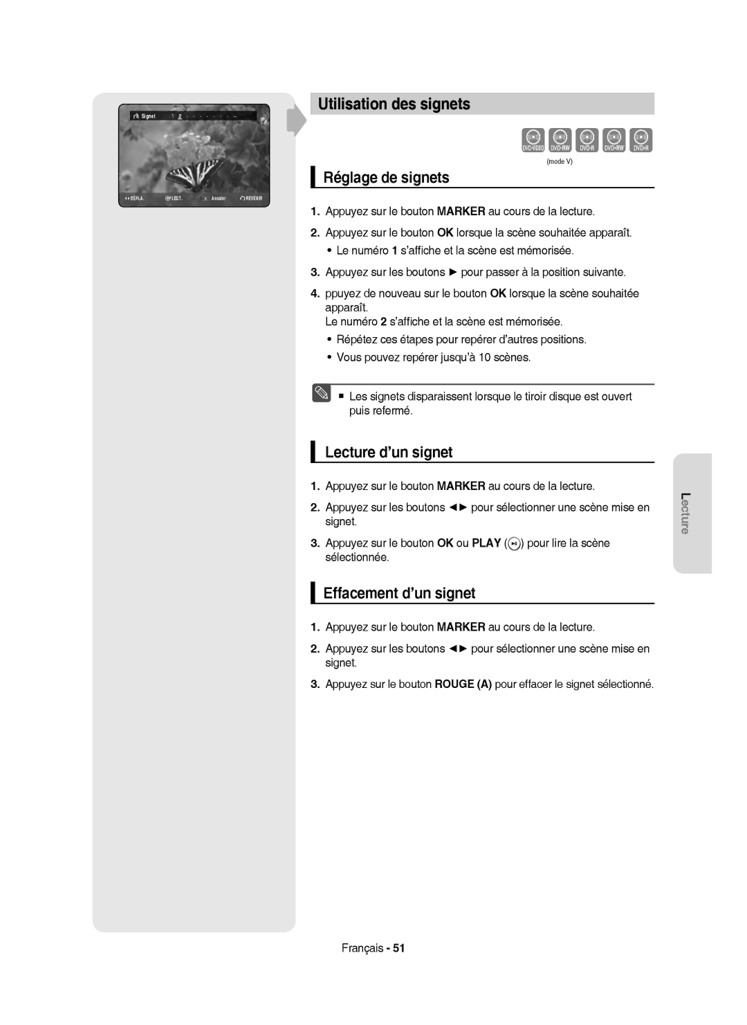 Samsung DVD-HR755/XEF Zcvkl, Utilisation des signets, Réglage de signets, Lecture d’un signet, Effacement d’un signet 