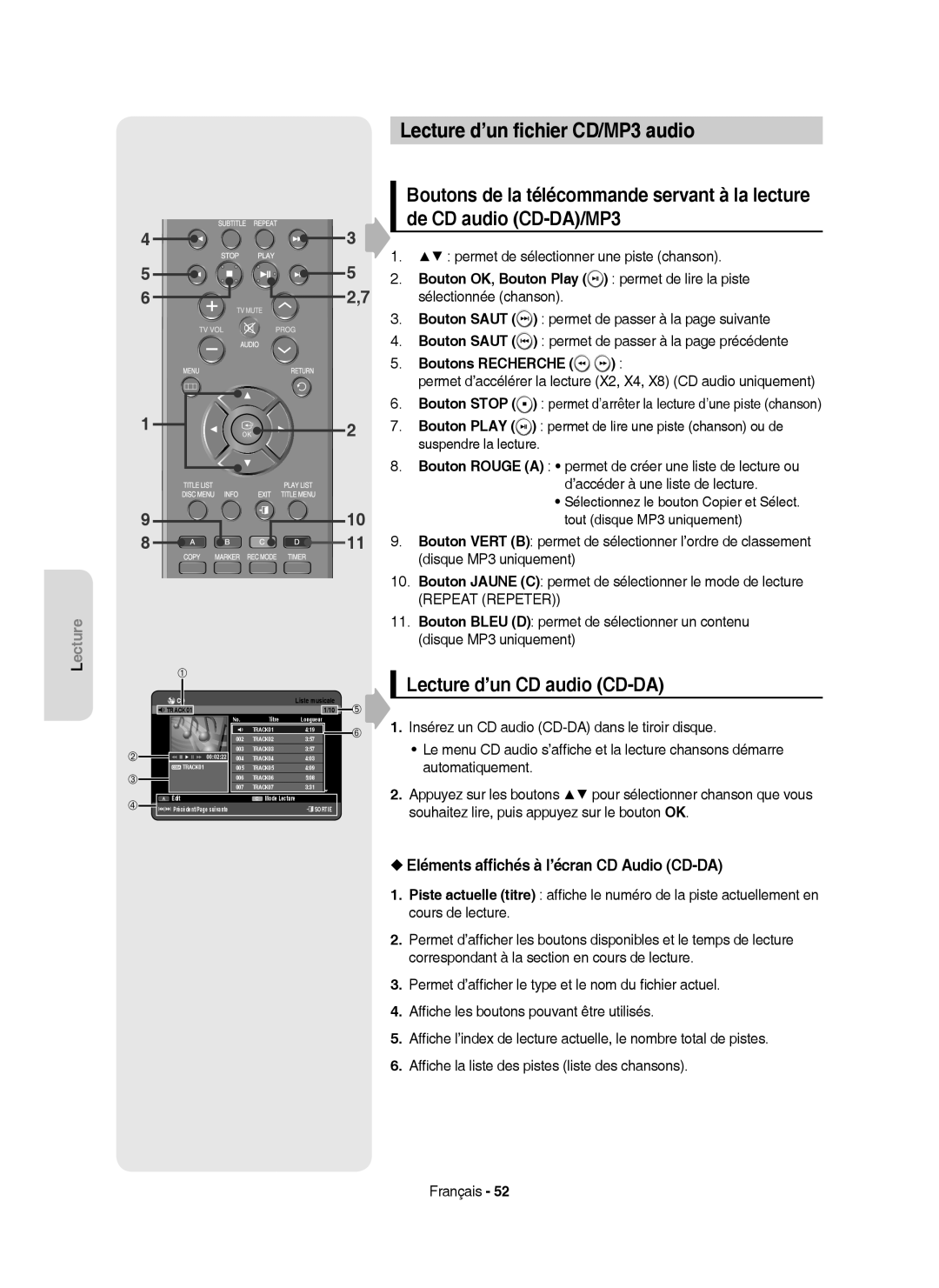 Samsung DVD-HR753/XEF, DVD-HR755/XEF manual Lecture d’un ﬁchier CD/MP3 audio, Lecture d’un CD audio CD-DA, Boutons Recherche 