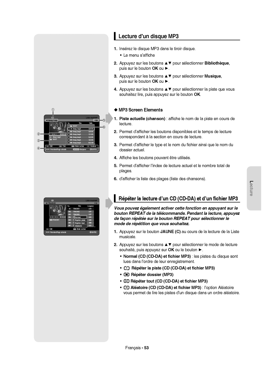 Samsung DVD-HR755/XEF Lecture d’un disque MP3, MP3 Screen Elements, Répéter la lecture d’un CD CD-DA et d’un ﬁchier MP3 