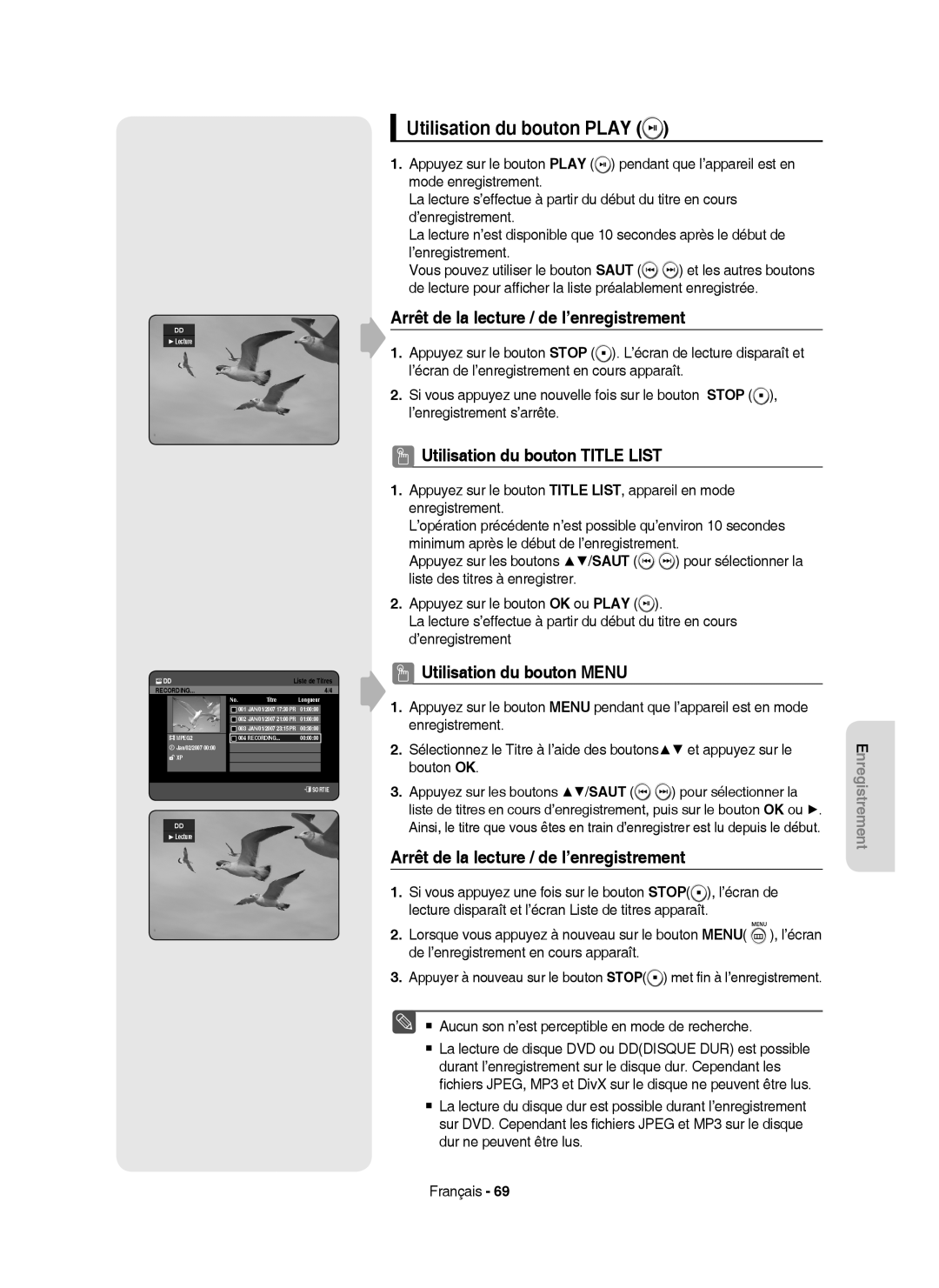 Samsung DVD-HR755/XEF, DVD-HR753/XEF manual Utilisation du bouton Play, Arrêt de la lecture / de l’enregistrement 