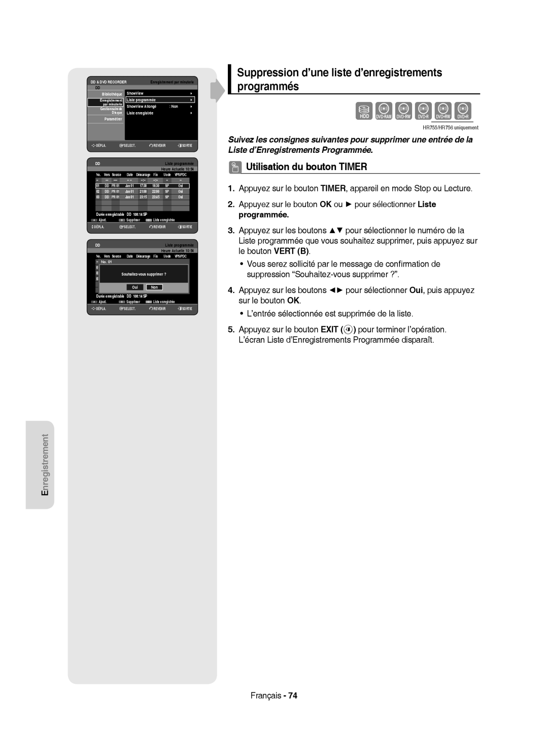 Samsung DVD-HR753/XEF, DVD-HR755/XEF manual Suppression d’une liste d’enregistrements programmés, Paramétrer 