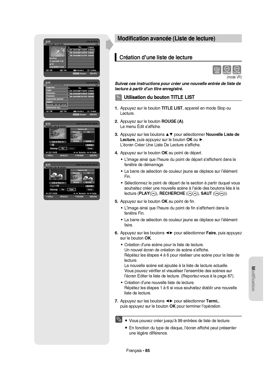 Samsung DVD-HR755/XEF manual Modiﬁcation avancée Liste de lecture, Création d’une liste de lecture, Fin Faire Termi 