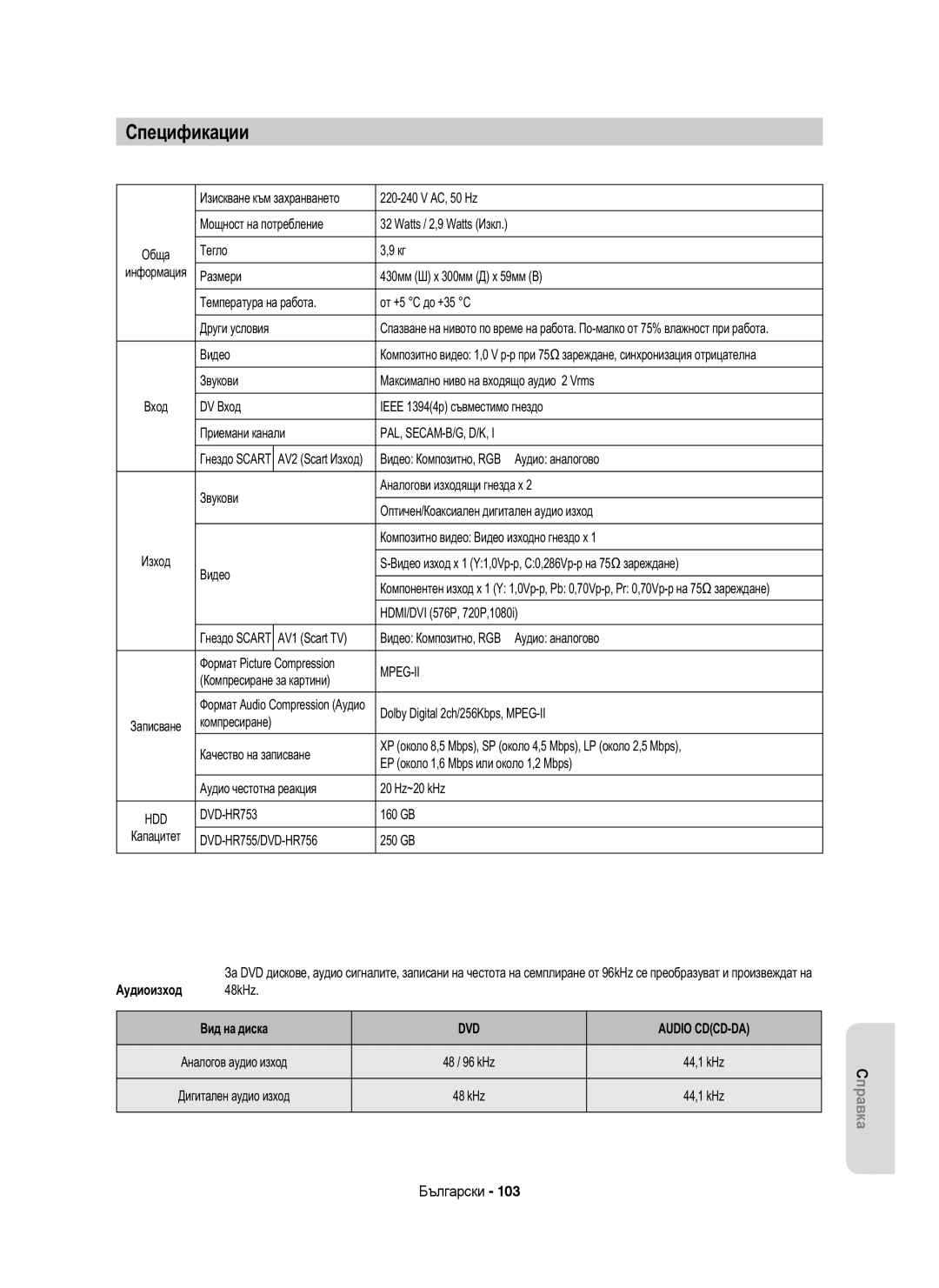 Samsung DVD-HR753/EUR, DVD-HR755/AUS, DVD-HR755/EUR manual Спецификации, Аудиоизход 48kHz Вид на диска 