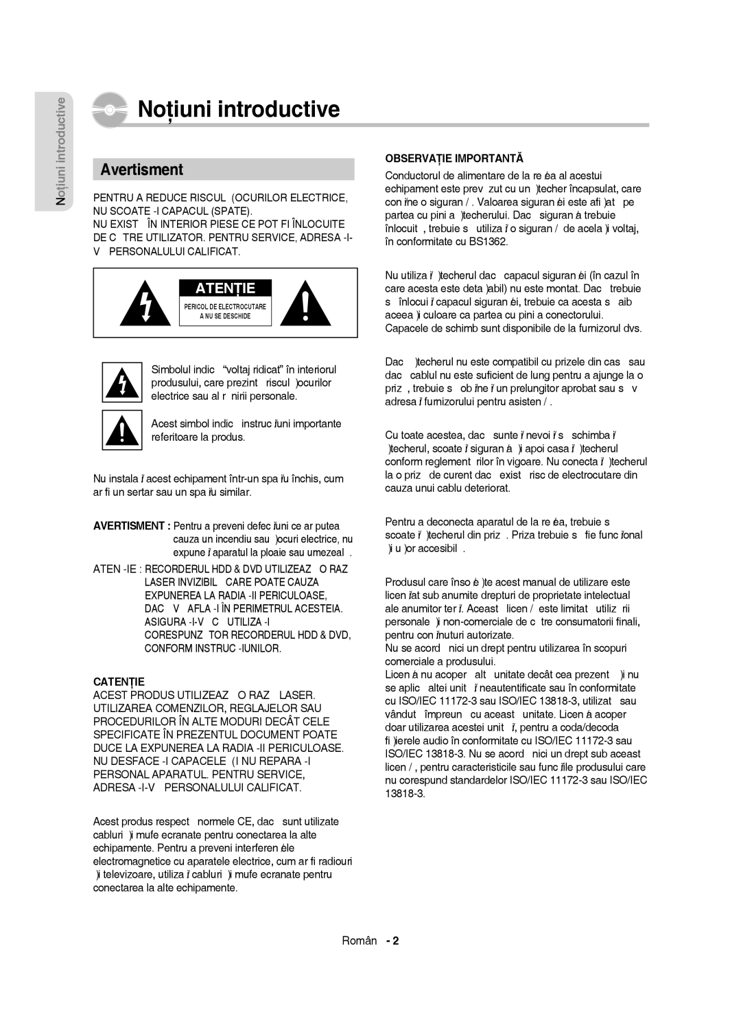 Samsung DVD-HR755/EUR, DVD-HR755/AUS, DVD-HR753/EUR manual Noţiuni introductive, Avertisment 