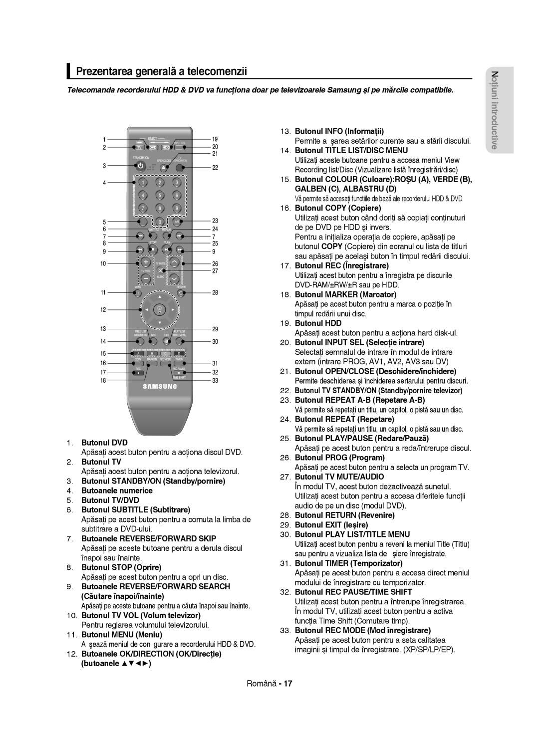 Samsung DVD-HR755/EUR, DVD-HR755/AUS, DVD-HR753/EUR manual Prezentarea generală a telecomenzii 