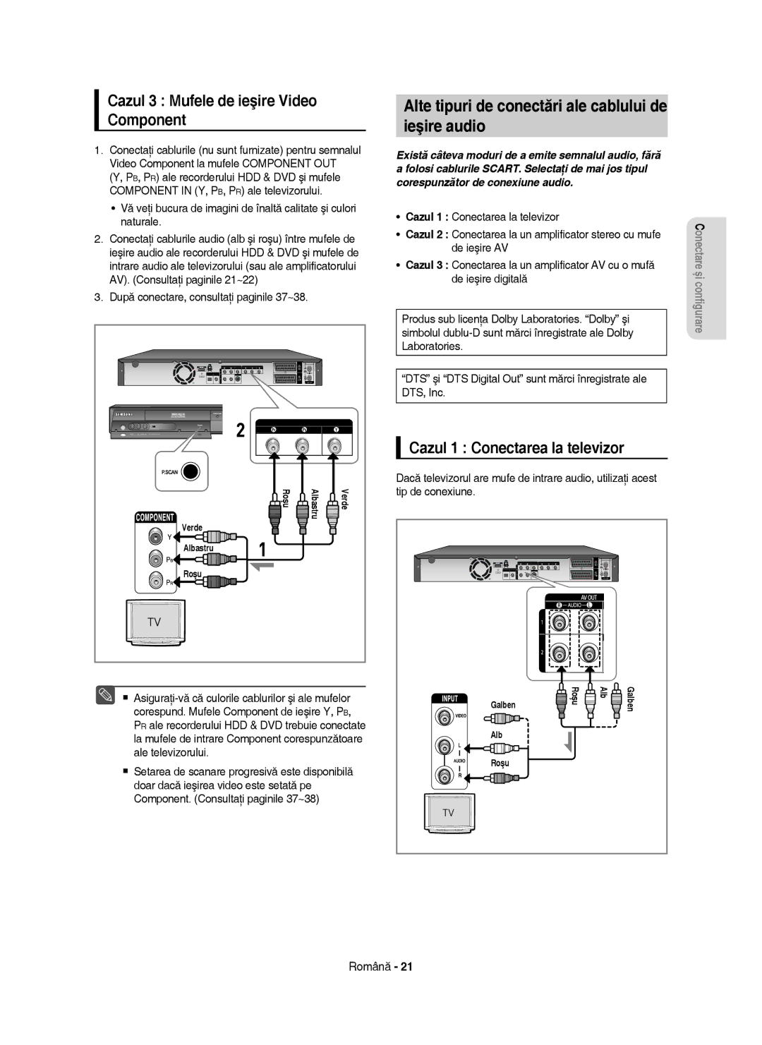 Samsung DVD-HR755/AUS manual Ieşire audio, Cazul 3 Mufele de ieşire Video Component, Cazul 1 Conectarea la televizor 