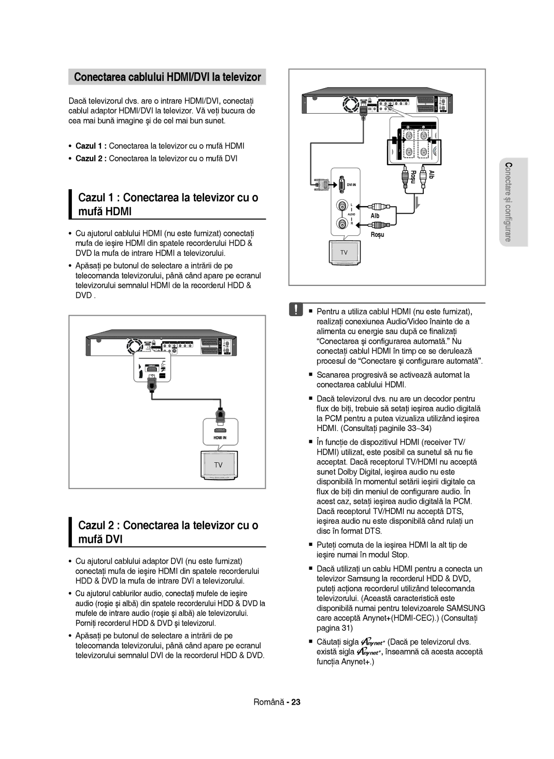 Samsung DVD-HR755/EUR manual Cazul 1 Conectarea la televizor cu o mufă Hdmi, Cazul 2 Conectarea la televizor cu o mufă DVI 