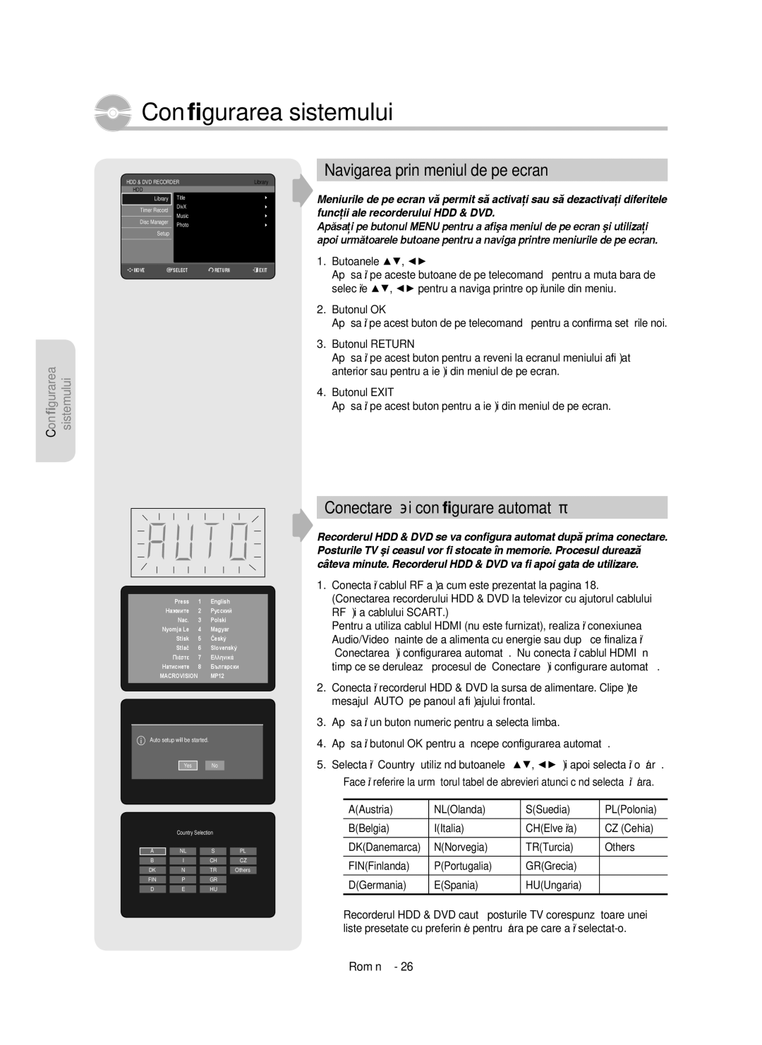 Samsung DVD-HR755/EUR Navigarea prin meniul de pe ecran, Conectare şi conﬁgurare automată, Butonul OK, Butonul Return 