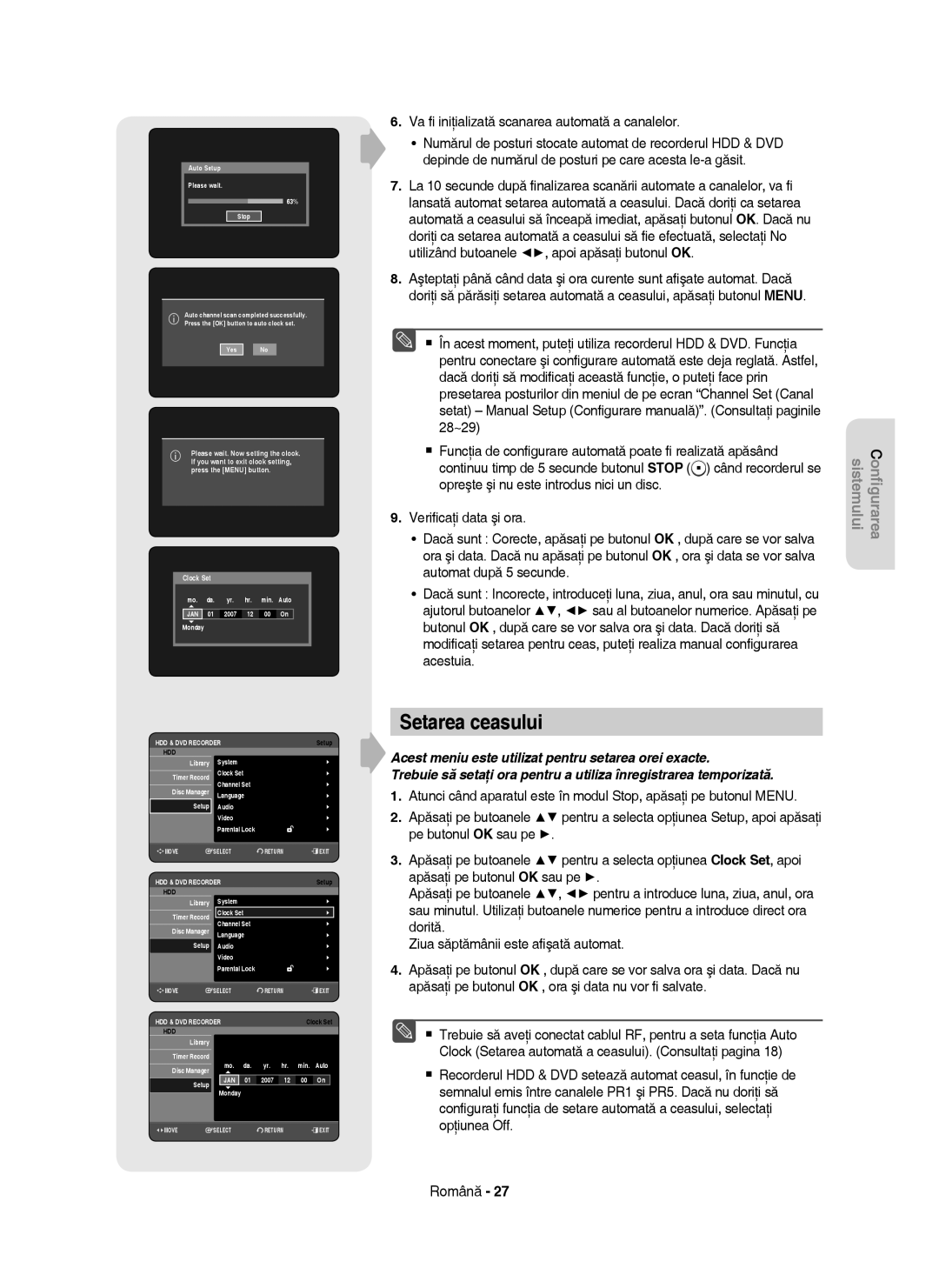 Samsung DVD-HR755/AUS, DVD-HR753/EUR, DVD-HR755/EUR manual Setarea ceasului, Auto Setup Please wait 63% Stop 