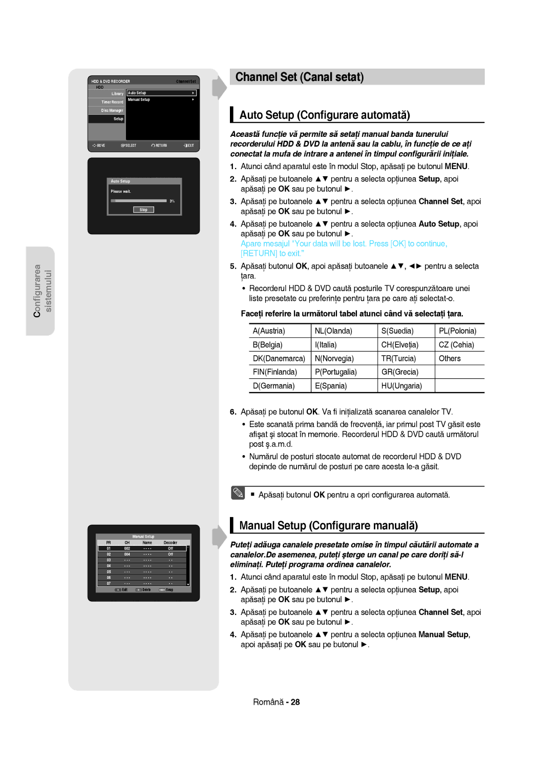 Samsung DVD-HR753/EUR Channel Set Canal setat, Auto Setup Conﬁgurare automată, Manual Setup Conﬁgurare manuală 