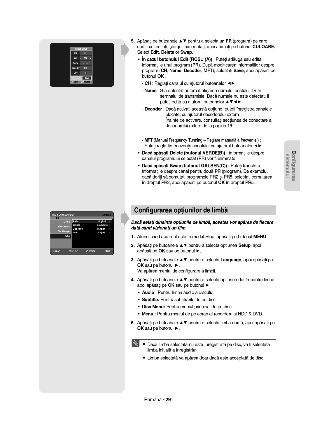 Samsung DVD-HR755/EUR, DVD-HR755/AUS, DVD-HR753/EUR manual Conﬁgurarea opţiunilor de limbă 