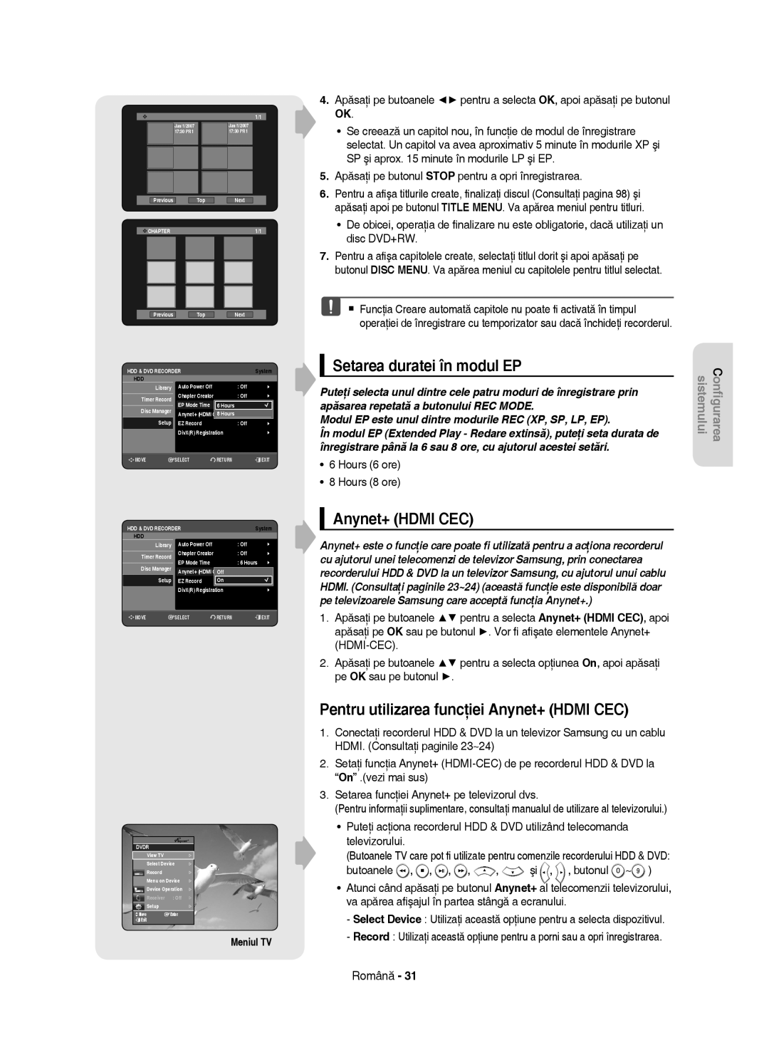 Samsung DVD-HR753/EUR manual Setarea duratei în modul EP, Pentru utilizarea funcţiei Anynet+ Hdmi CEC, Meniul TV 