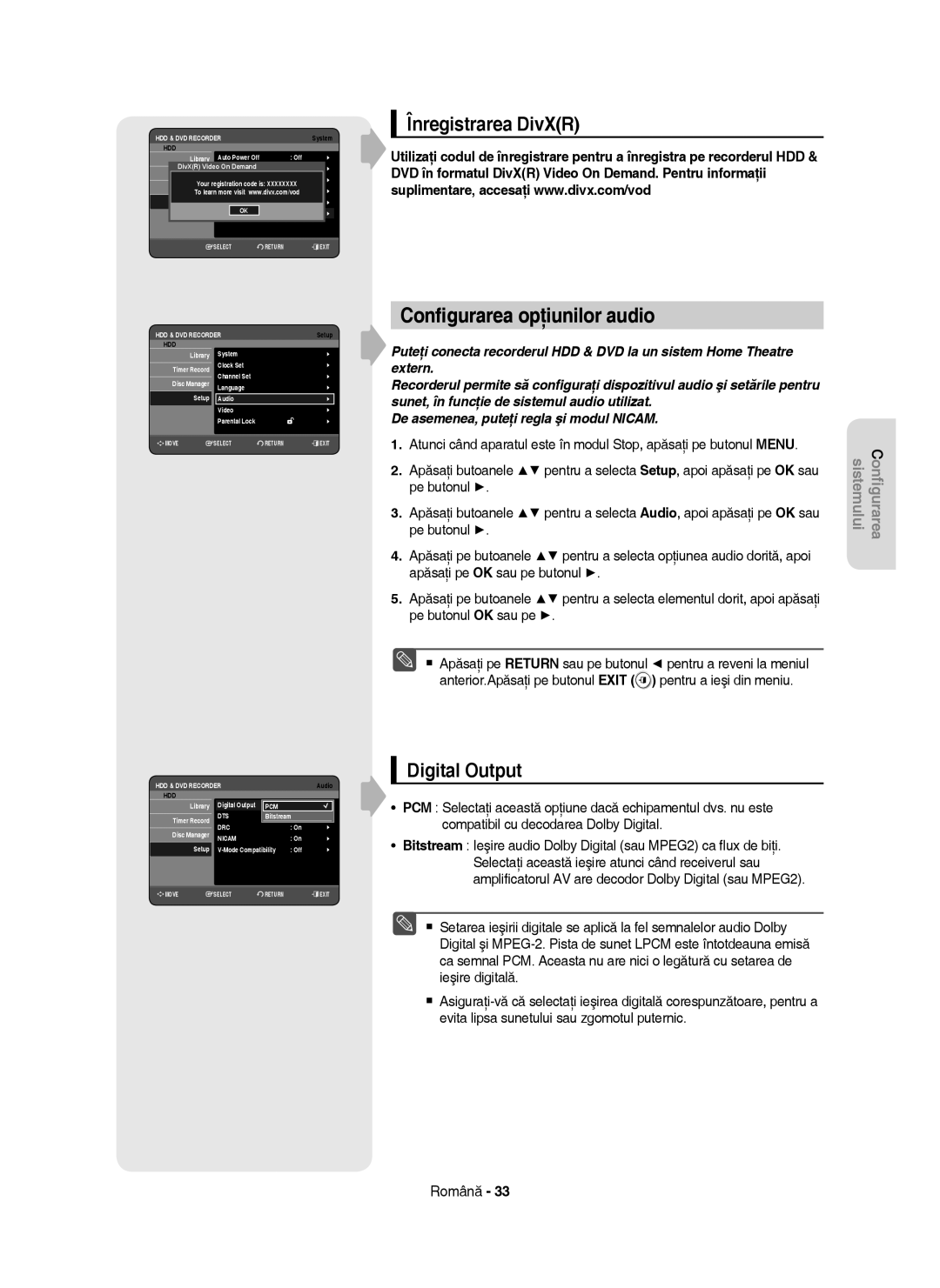 Samsung DVD-HR755/AUS, DVD-HR753/EUR, DVD-HR755/EUR manual Conﬁgurarea opţiunilor audio, Înregistrarea DivXR, Digital Output 