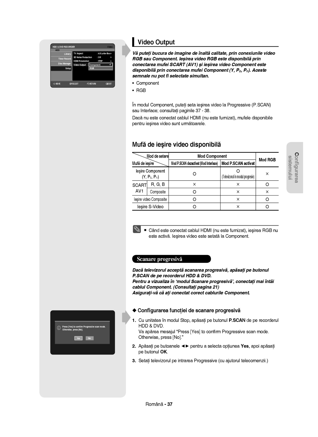 Samsung DVD-HR753/EUR manual Video Output, Mufă de ieşire video disponibilă, Conﬁgurarea funcţiei de scanare progresivă 