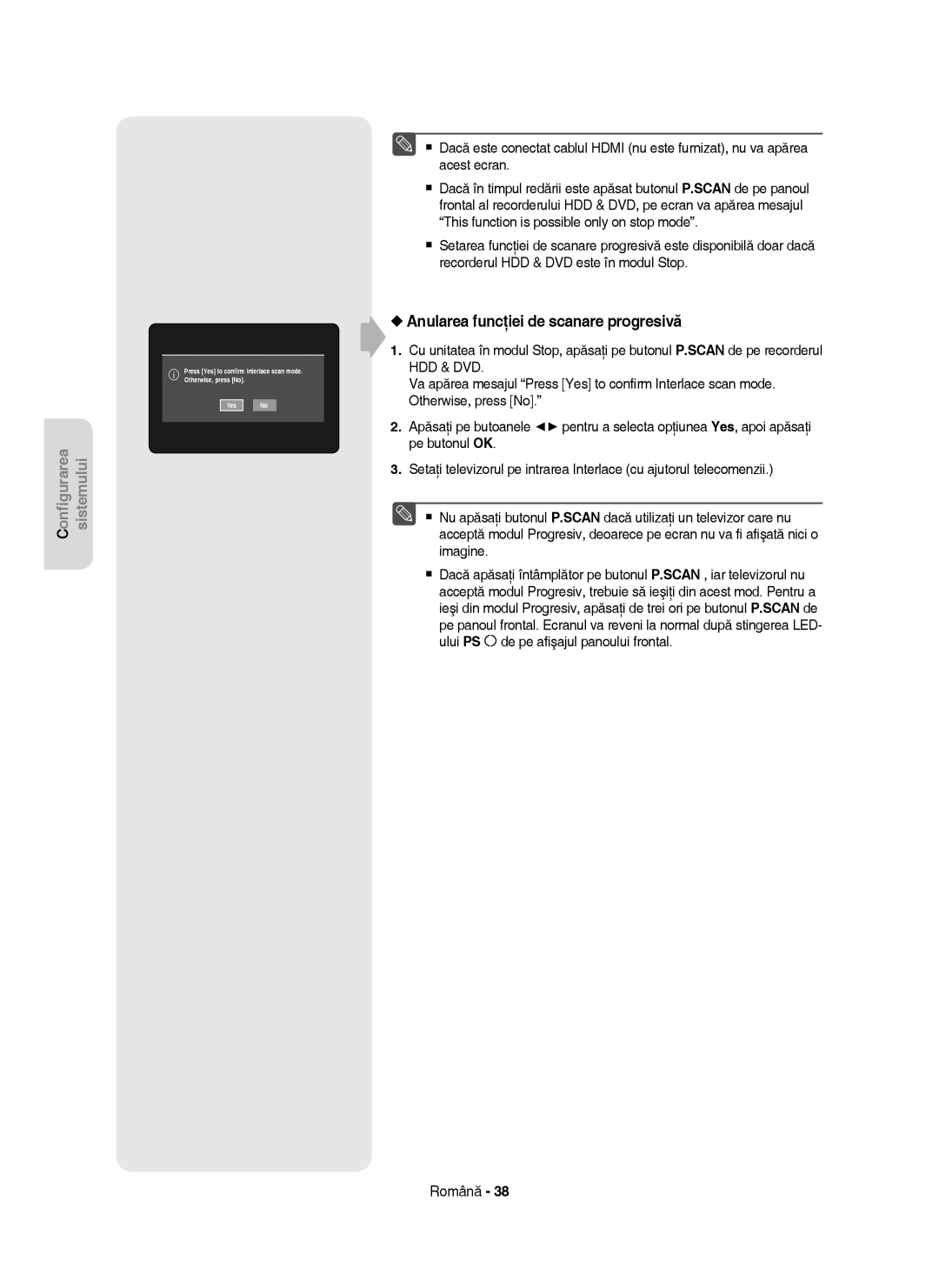 Samsung DVD-HR755/EUR, DVD-HR755/AUS, DVD-HR753/EUR manual Anularea funcţiei de scanare progresivă 