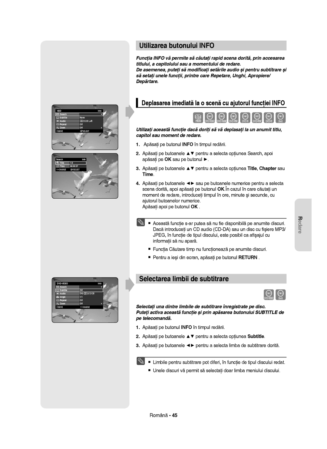 Samsung DVD-HR755/AUS, DVD-HR753/EUR, DVD-HR755/EUR manual Utilizarea butonului Info, Selectarea limbii de subtitrare 