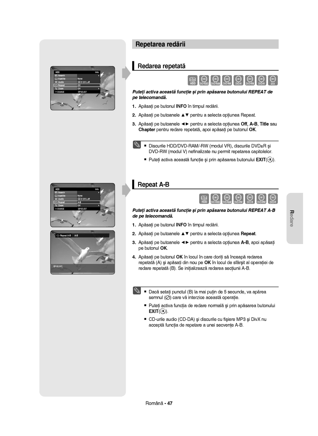 Samsung DVD-HR755/EUR, DVD-HR755/AUS, DVD-HR753/EUR manual Repetarea redării, Redarea repetată, Repeat A-B 