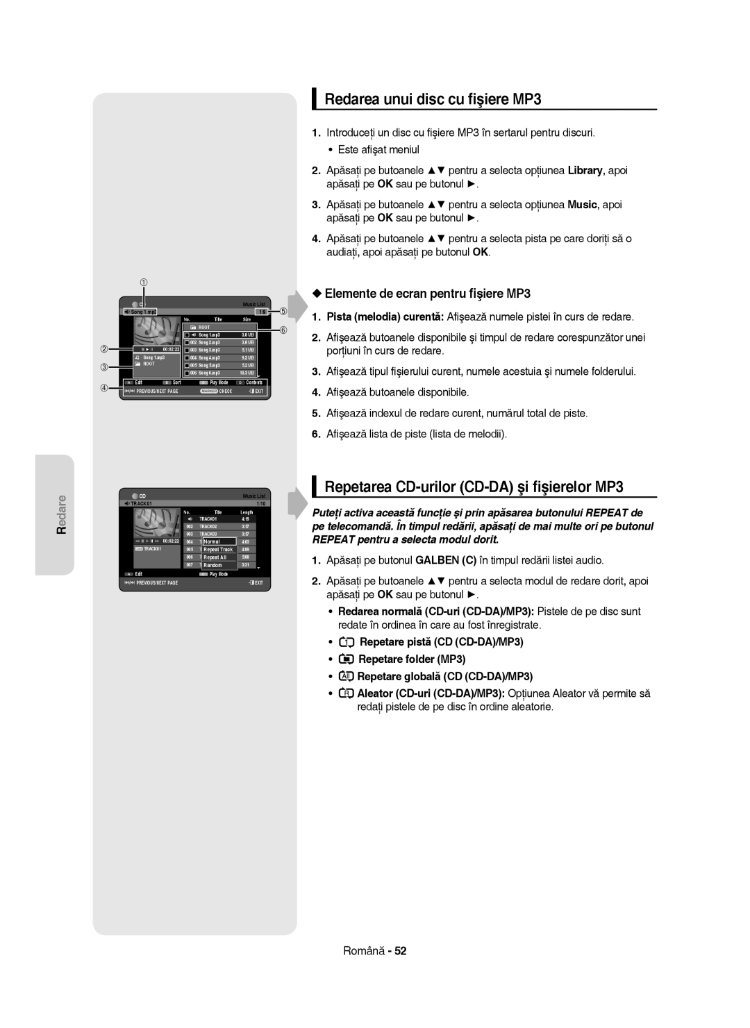 Samsung DVD-HR753/EUR, DVD-HR755/AUS manual Redarea unui disc cu ﬁşiere MP3, Repetarea CD-urilor CD-DA şi ﬁşierelor MP3 