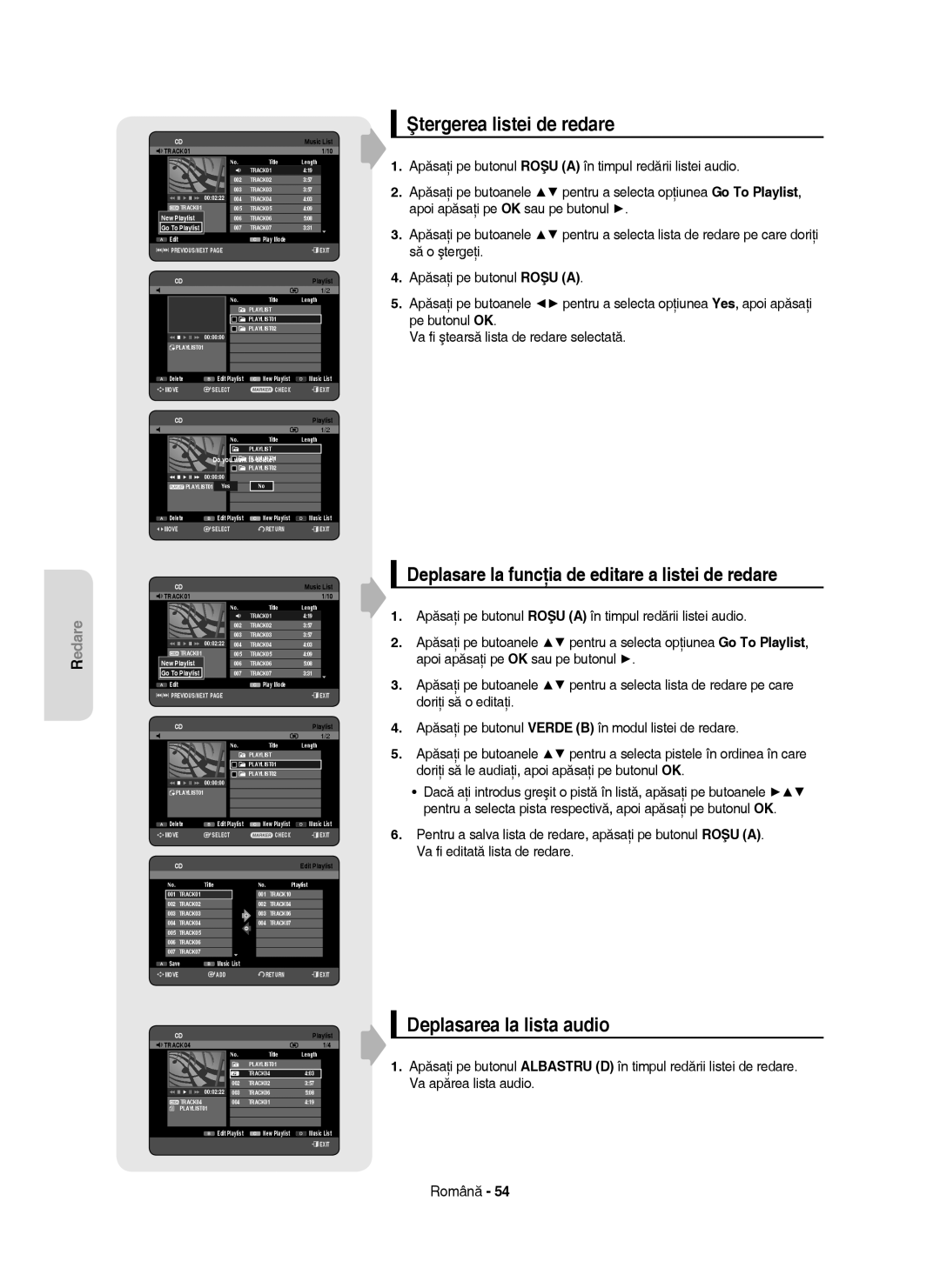 Samsung DVD-HR755/AUS, DVD-HR753/EUR manual Ştergerea listei de redare, Deplasare la funcţia de editare a listei de redare 