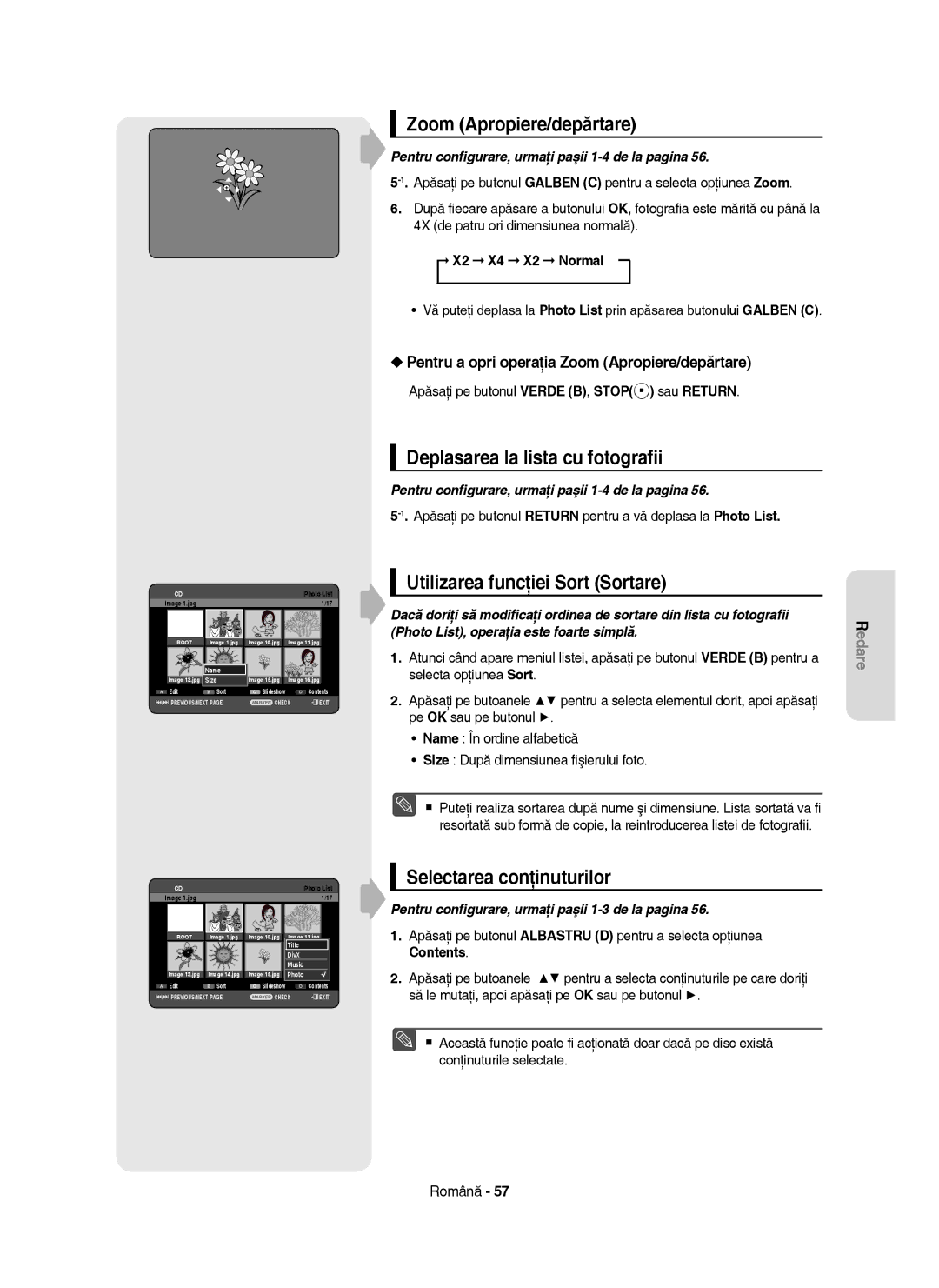 Samsung DVD-HR755/AUS, DVD-HR753/EUR manual Zoom Apropiere/depărtare, Deplasarea la lista cu fotograﬁi, X2 X4 X2 Normal 