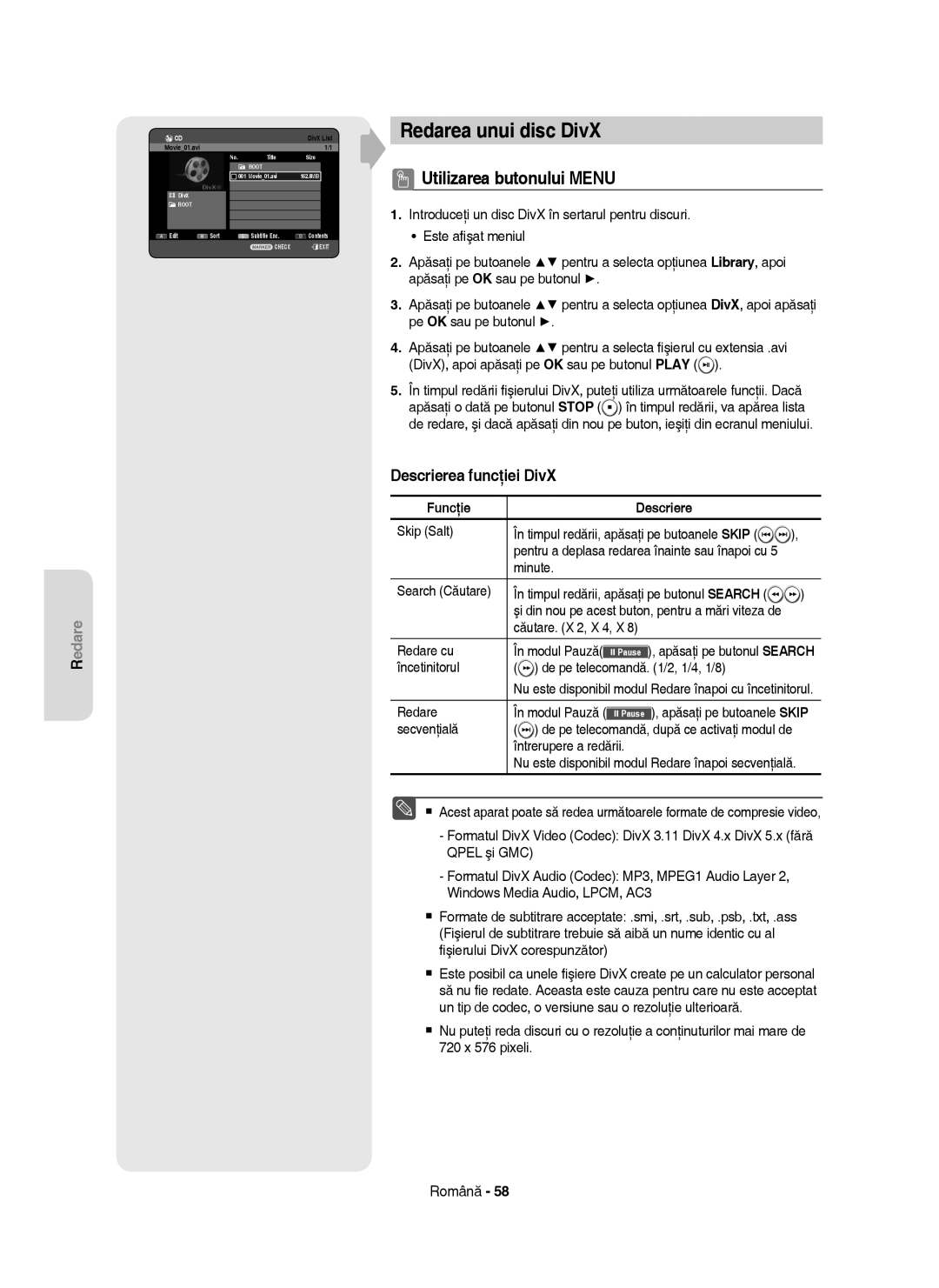 Samsung DVD-HR753/EUR manual Redarea unui disc DivX, Utilizarea butonului Menu, Descrierea funcţiei DivX, Funcţie Descriere 