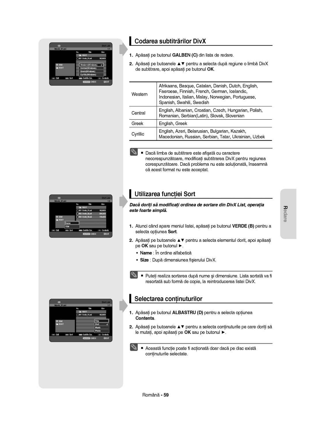 Samsung DVD-HR755/EUR, DVD-HR755/AUS, DVD-HR753/EUR manual Codarea subtitrărilor DivX, Utilizarea funcţiei Sort 