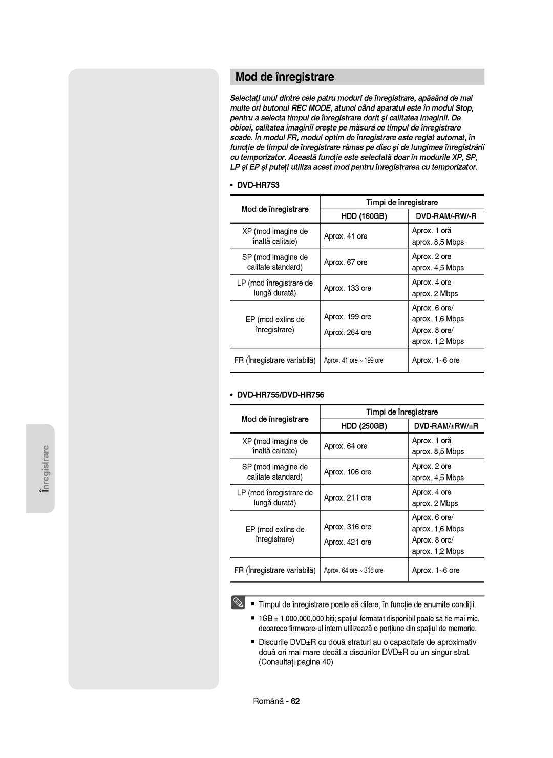 Samsung DVD-HR755/EUR, DVD-HR755/AUS, DVD-HR753/EUR manual Mod de înregistrare, Timpi de înregistrare, HDD 160GB, HDD 250GB 