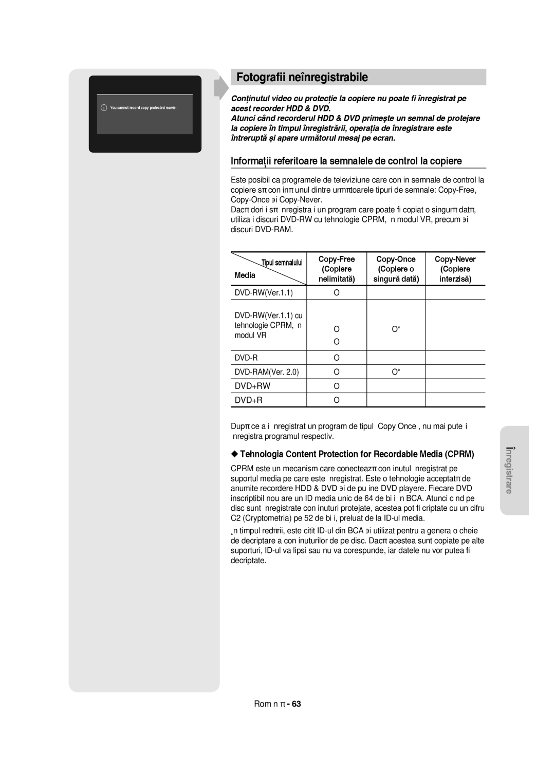 Samsung DVD-HR755/AUS manual Fotograﬁi neînregistrabile, Informaţii referitoare la semnalele de control la copiere, Media 