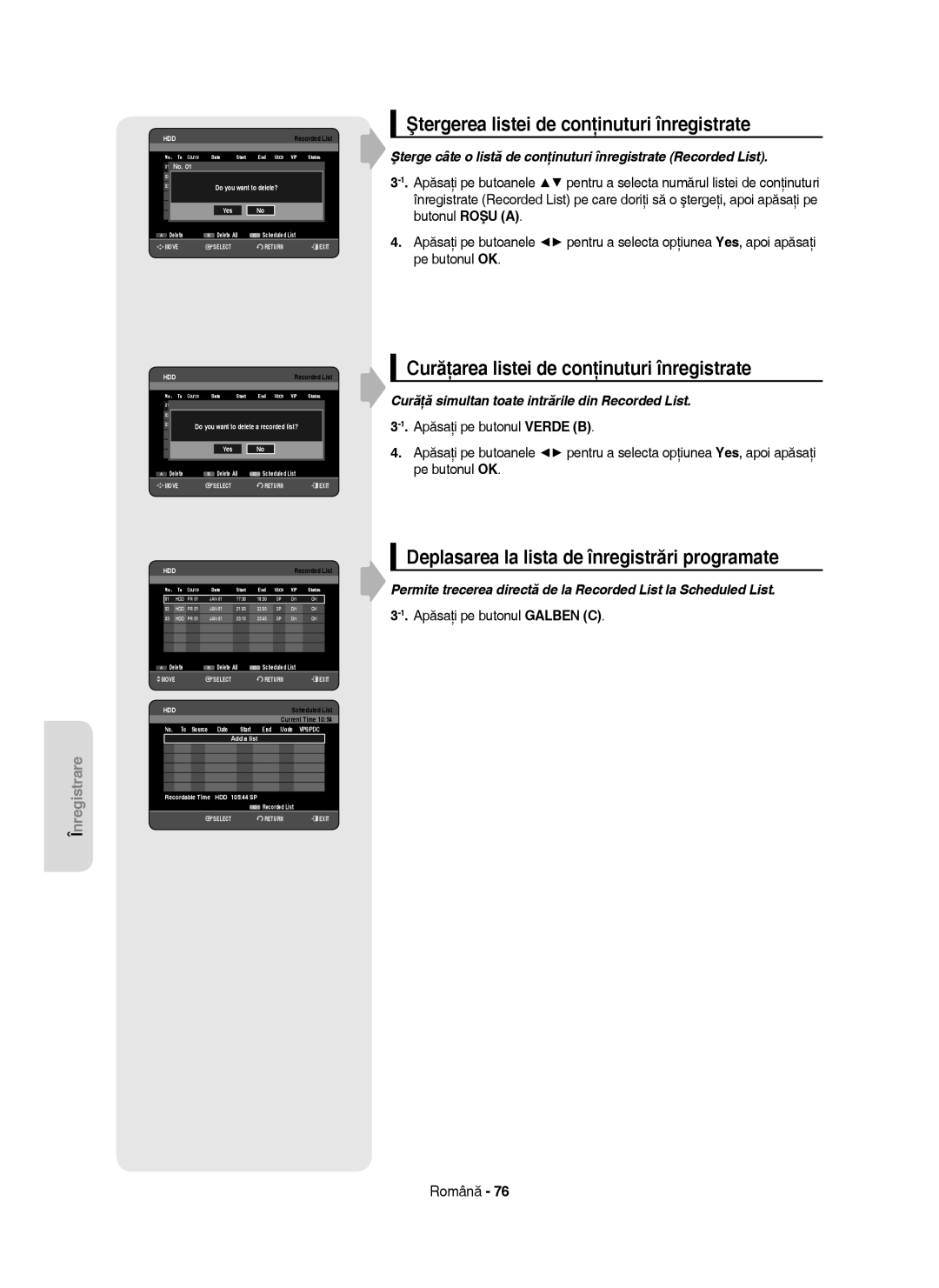 Samsung DVD-HR753/EUR manual Ştergerea listei de conţinuturi înregistrate, Curăţarea listei de conţinuturi înregistrate 