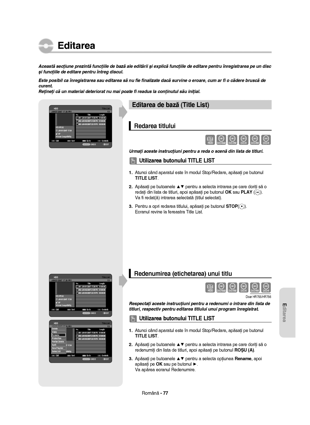 Samsung DVD-HR755/EUR, DVD-HR755/AUS Editarea de bază Title List, Redarea titlului, Redenumirea etichetarea unui titlu 