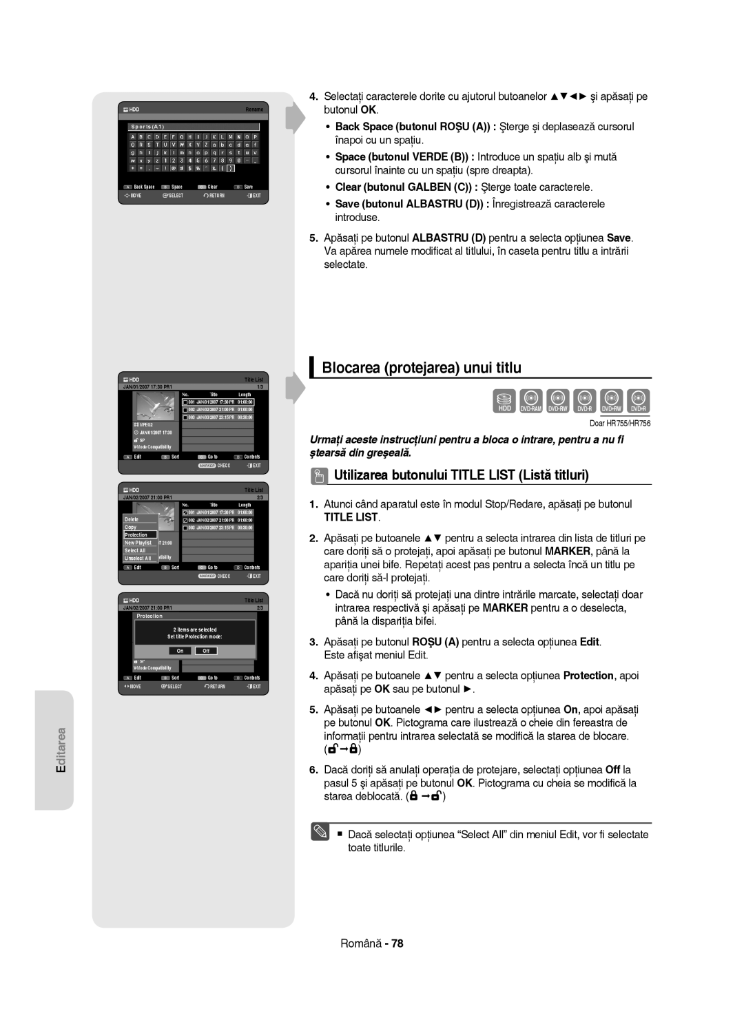 Samsung DVD-HR755/AUS, DVD-HR753/EUR manual Blocarea protejarea unui titlu, Utilizarea butonului Title List Listă titluri 