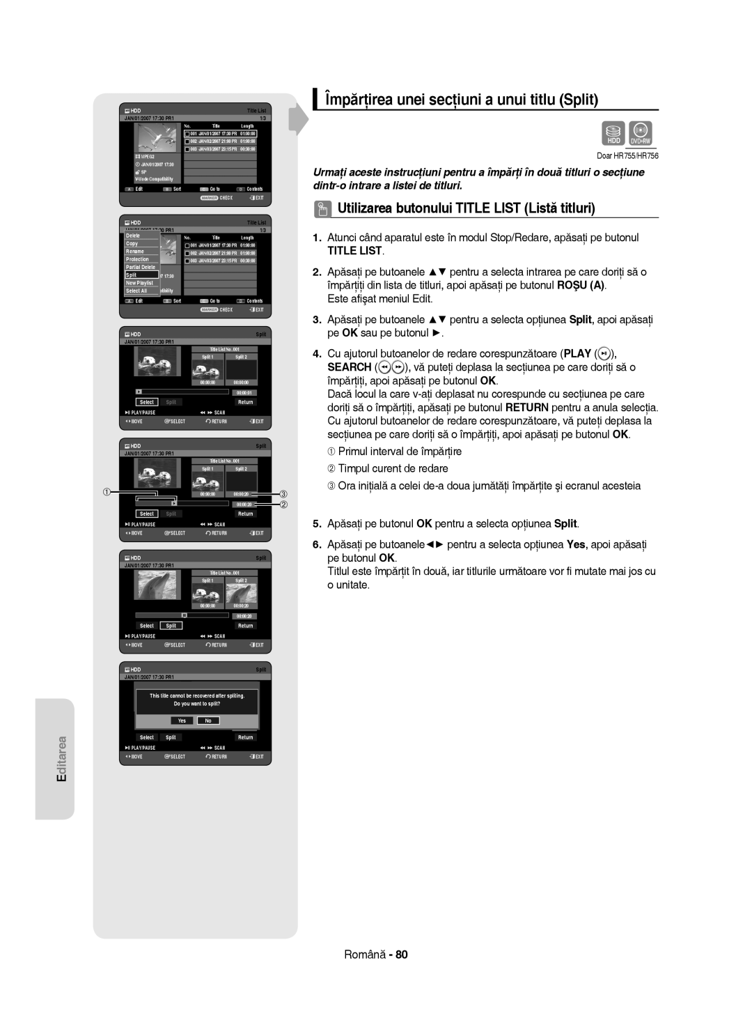 Samsung DVD-HR755/EUR, DVD-HR755/AUS, DVD-HR753/EUR manual Împărţirea unei secţiuni a unui titlu Split 