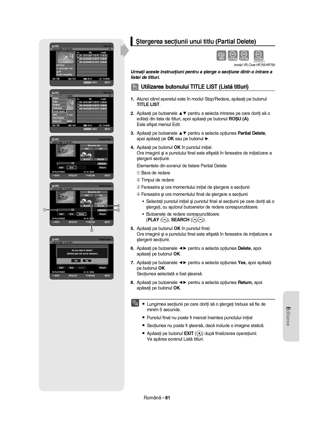 Samsung DVD-HR755/AUS, DVD-HR753/EUR, DVD-HR755/EUR manual Ştergerea secţiunii unui titlu Partial Delete, Play , Search 