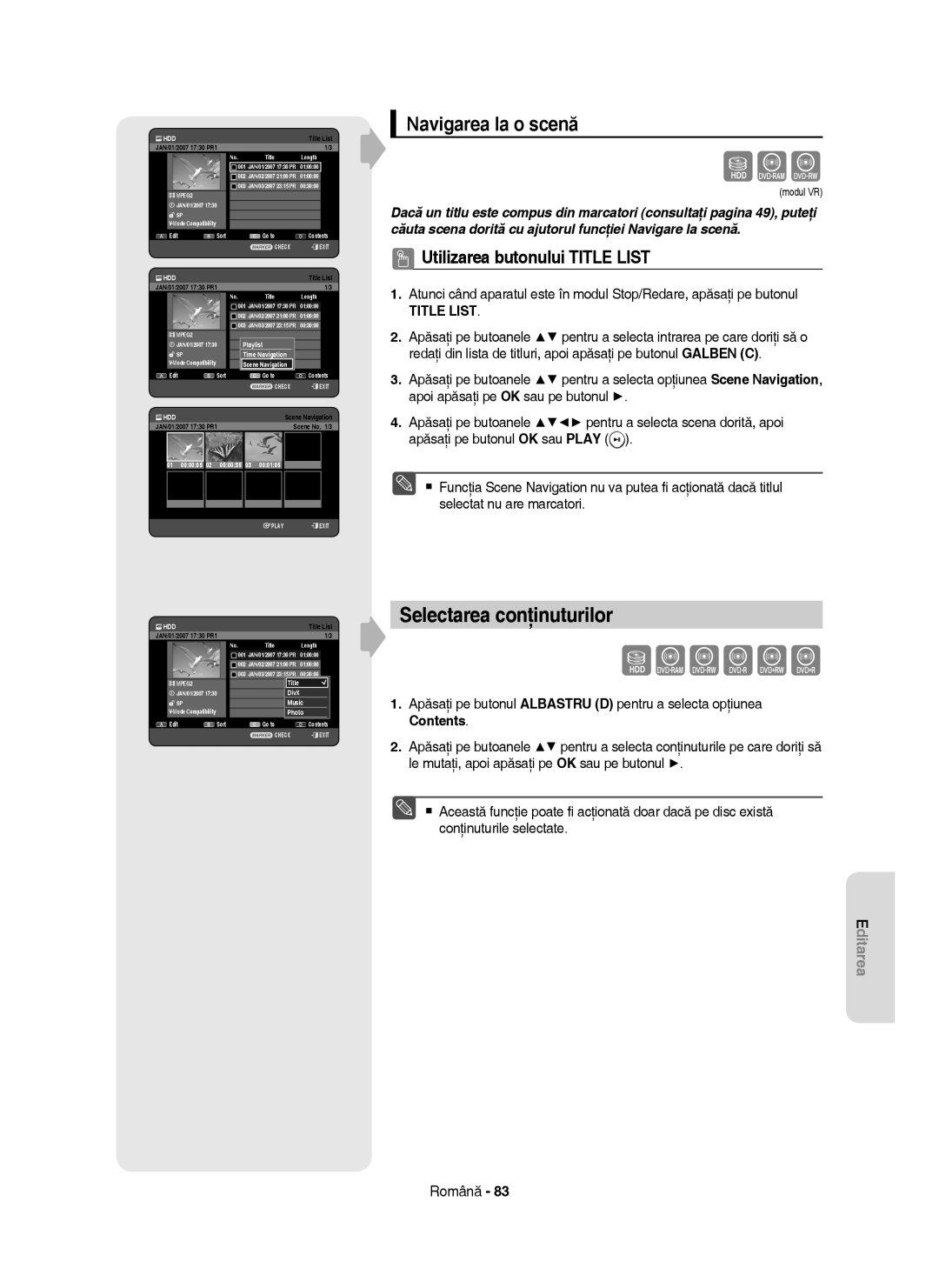 Samsung DVD-HR755/EUR, DVD-HR755/AUS, DVD-HR753/EUR manual Selectarea conţinuturilor, Navigarea la o scenă 