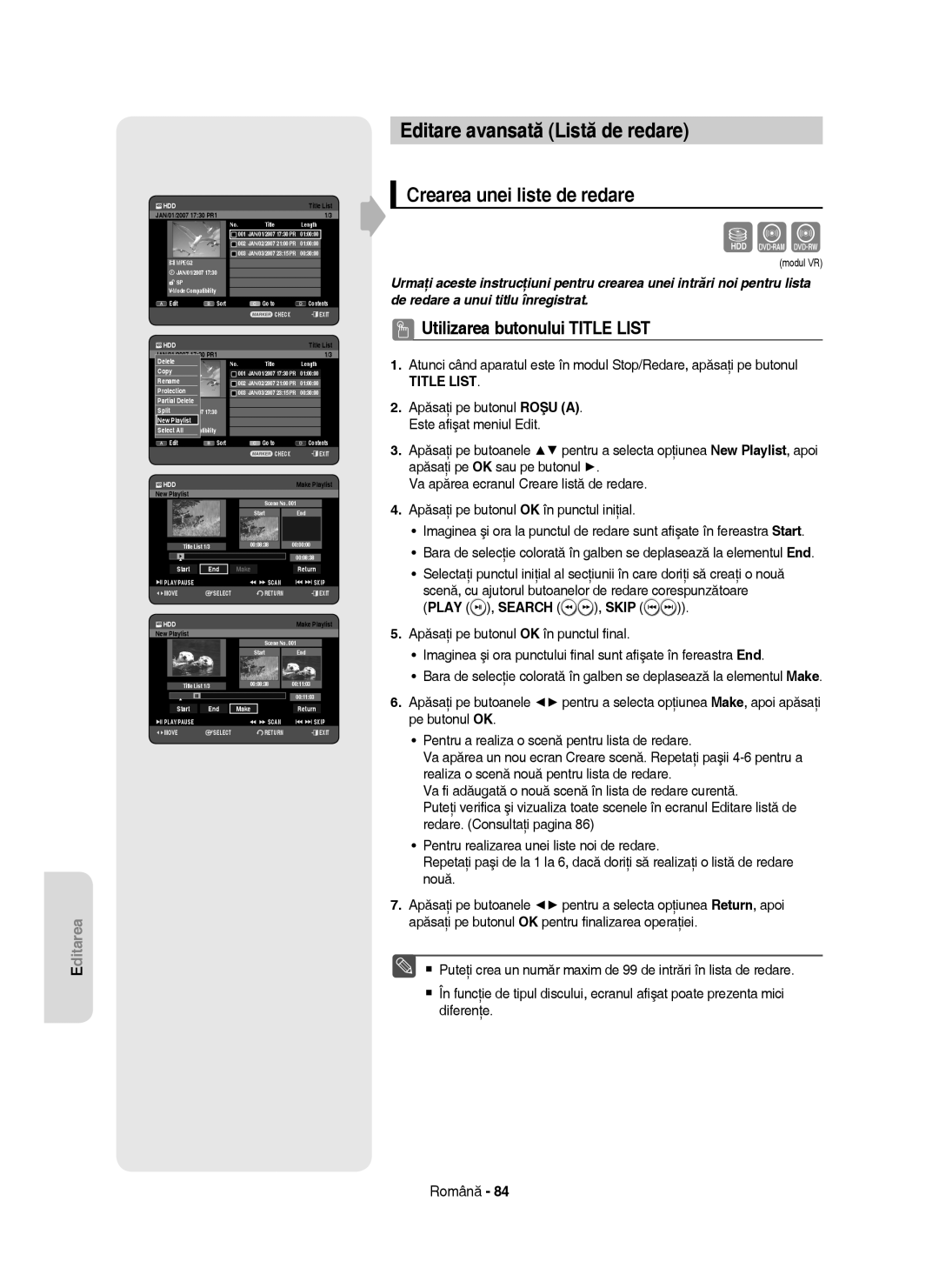 Samsung DVD-HR755/AUS, DVD-HR753/EUR Editare avansată Listă de redare, Crearea unei liste de redare, Play , Search , Skip 