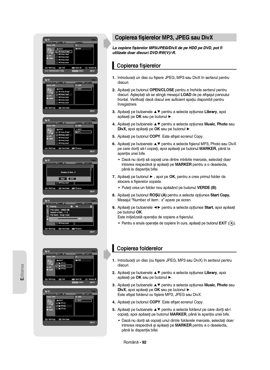 Samsung DVD-HR755/EUR, DVD-HR755/AUS, DVD-HR753/EUR manual Copierea ﬁşierelor MP3, Jpeg sau DivX, Copierea folderelor 