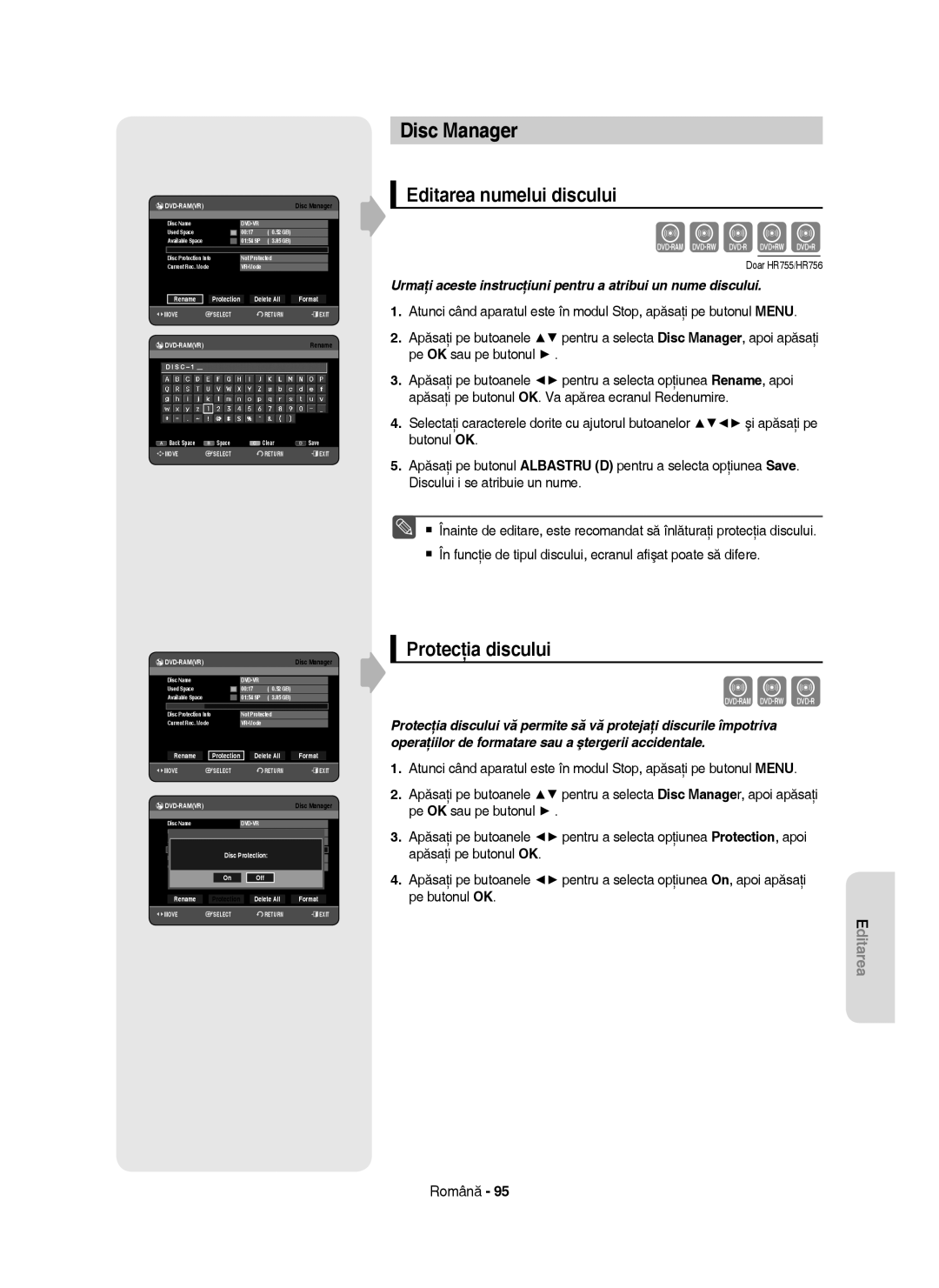 Samsung DVD-HR755/EUR, DVD-HR755/AUS, DVD-HR753/EUR manual Disc Manager, Editarea numelui discului, Protecţia discului 