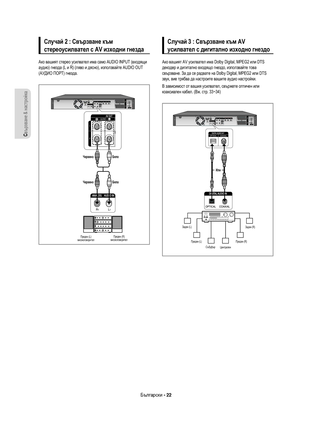 Samsung DVD-HR753/EUR manual Случай 2 Свързване към, Стереоусилвател с AV изходни гнезда, Случай 3 Свързване към AV 